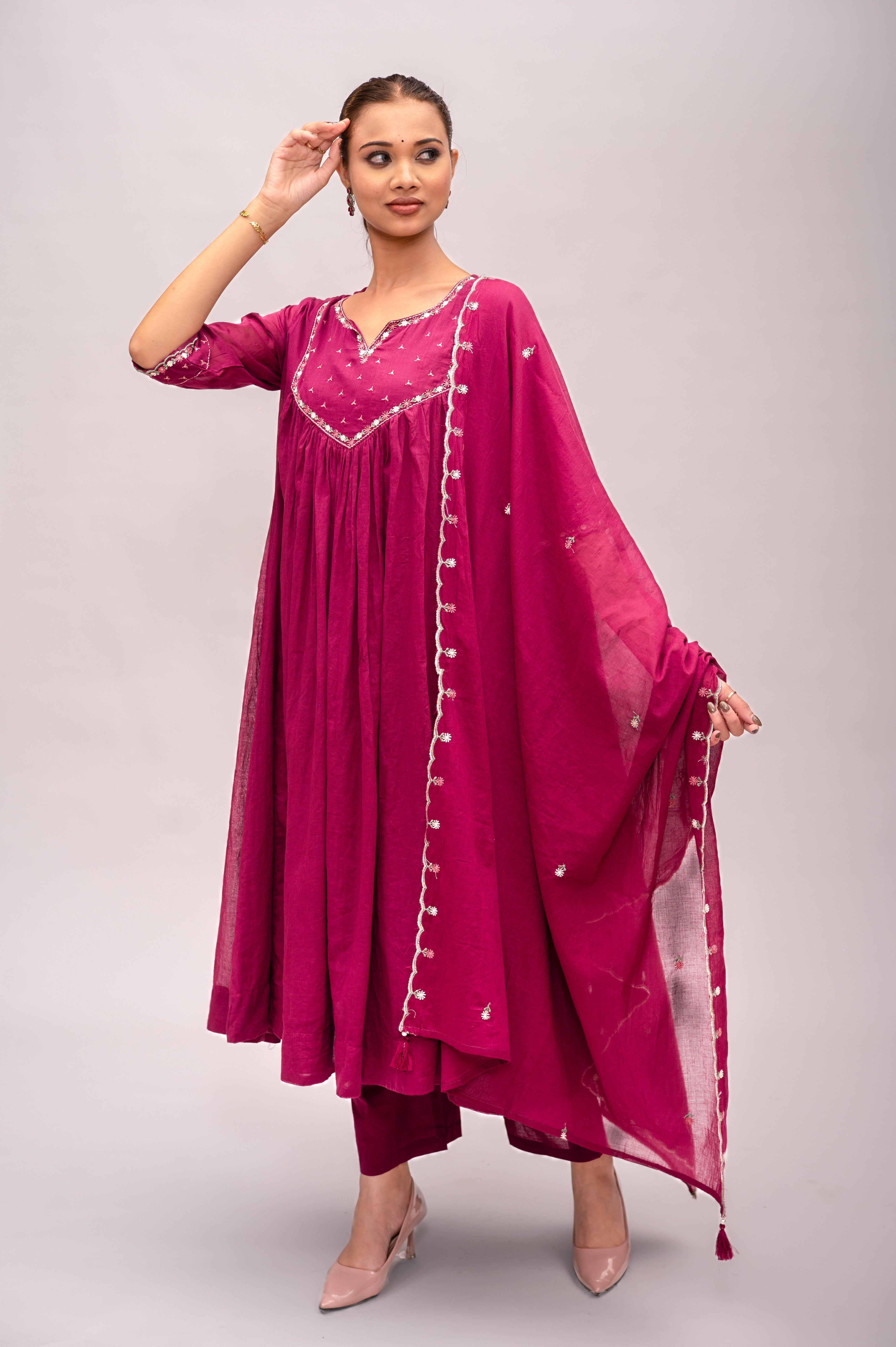 Wine Red Frock Suit with Pant & Dupatta With Thread Embroidery