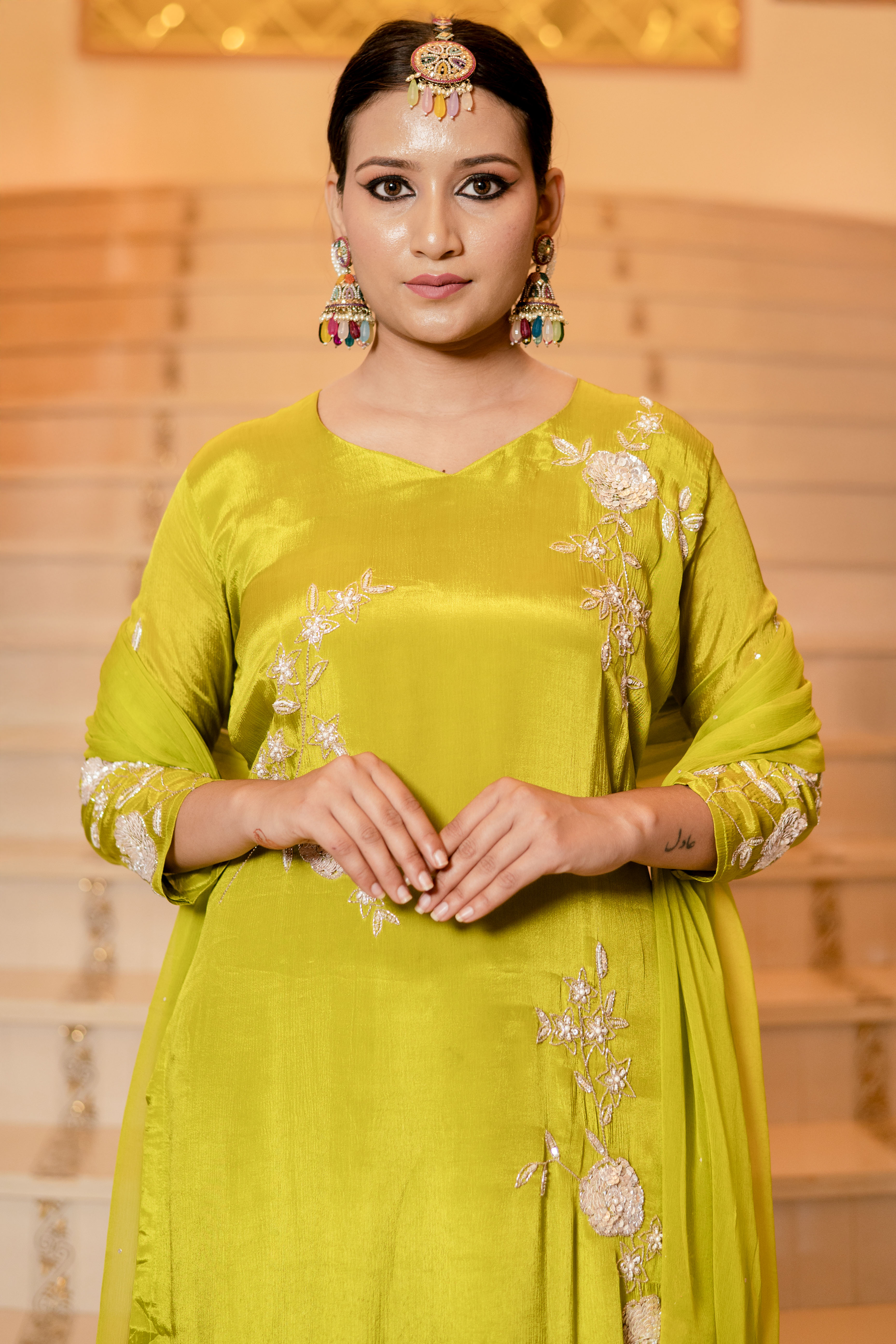 Mehandi Green Chiffon Hand Embroidered Kurta with Palazzo Set