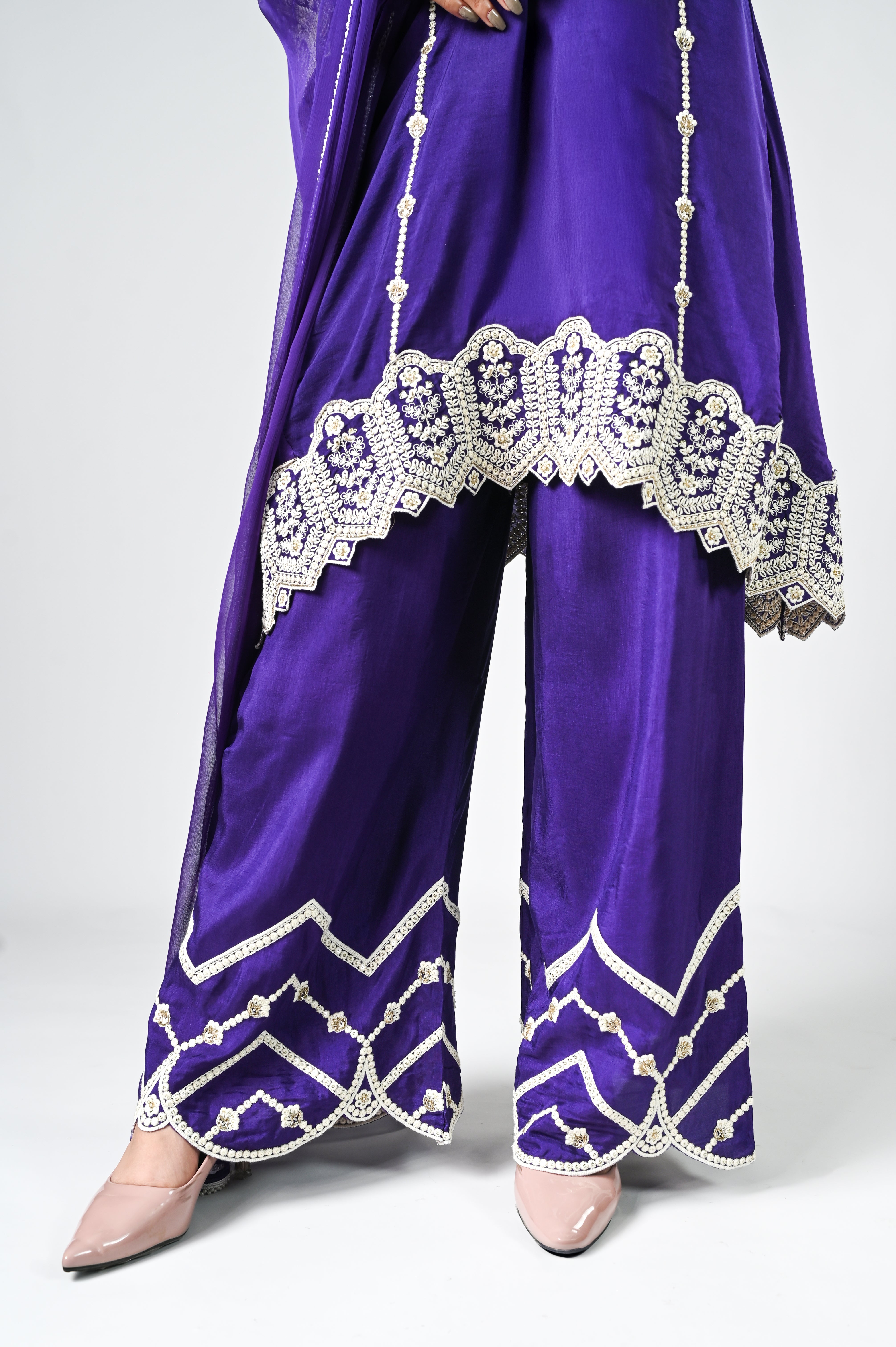 Purple Palazzo Crepe Kurta Set with Silver Embroidery