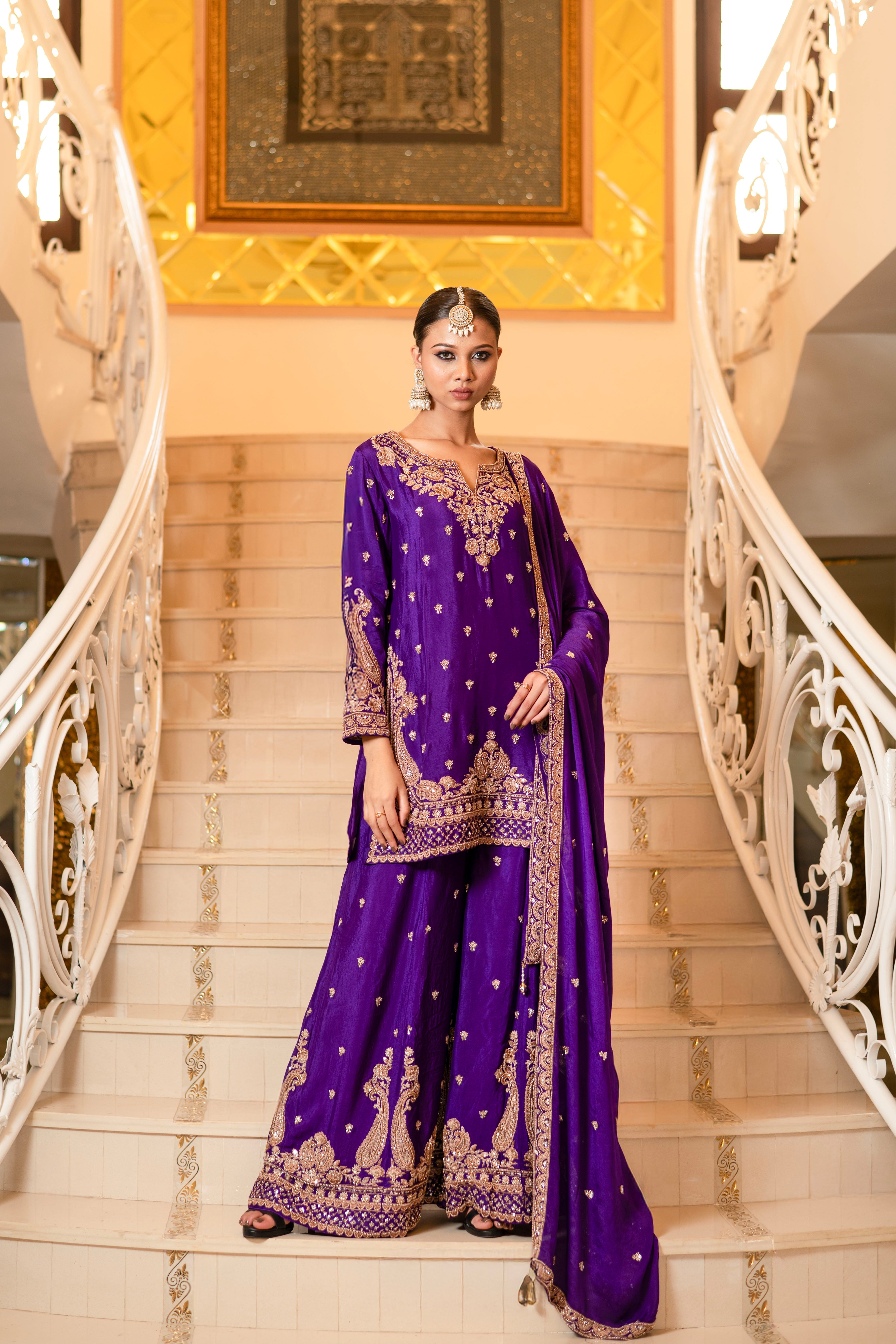 Purple Viscose Silk Detailed Heavy Embroidered Sharara Set