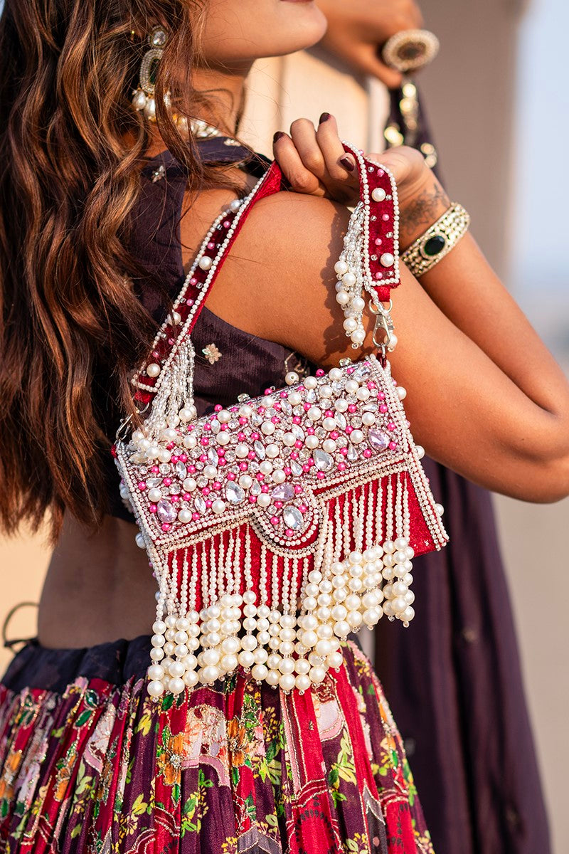 Zari Adorned Sea Blue Handbag with Pink Beads, Pearls, and Tassel