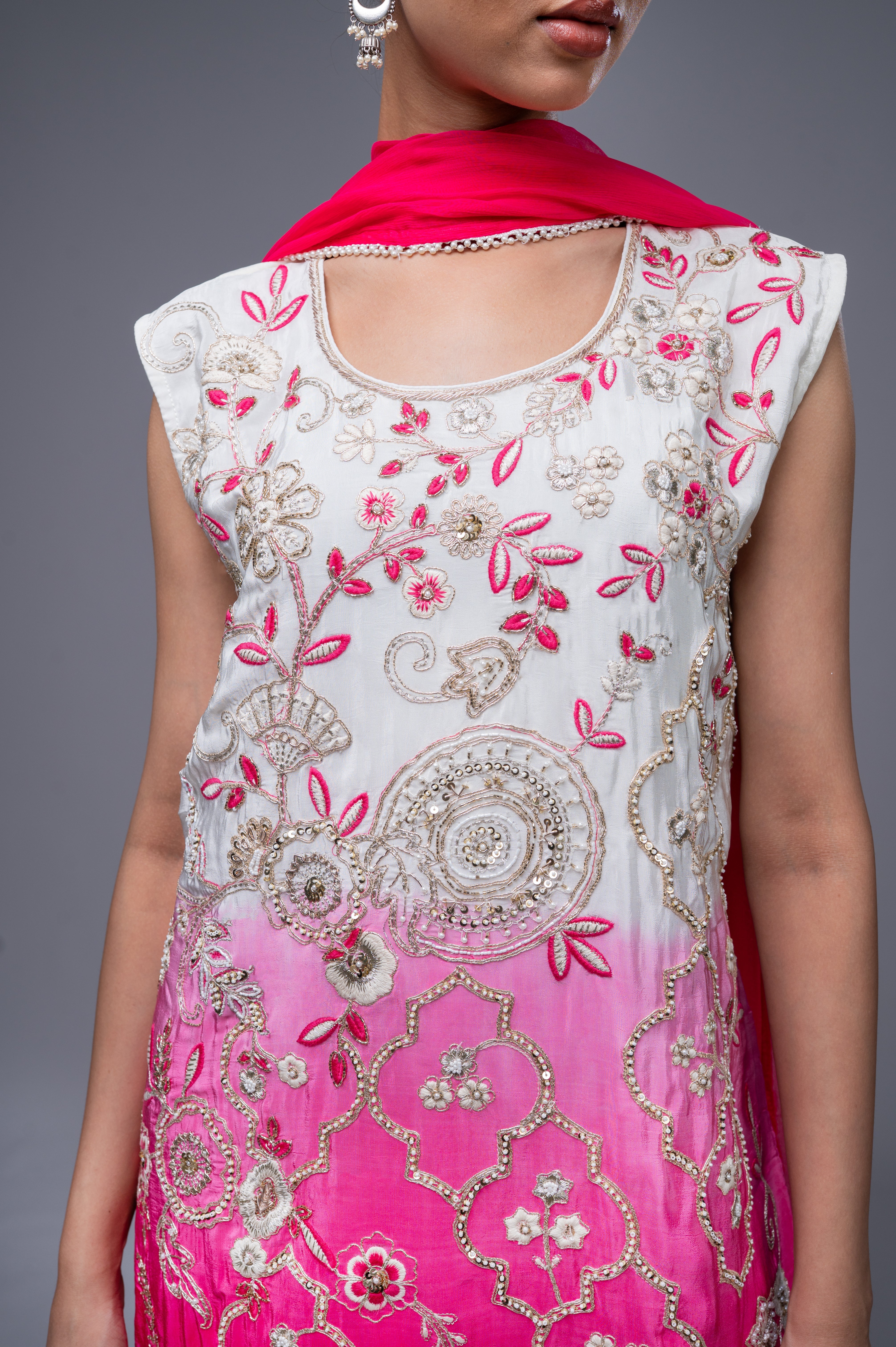 Dark Pink-Cream Shaded Crepe Palazzo Suit with Pearl Embroidered Work