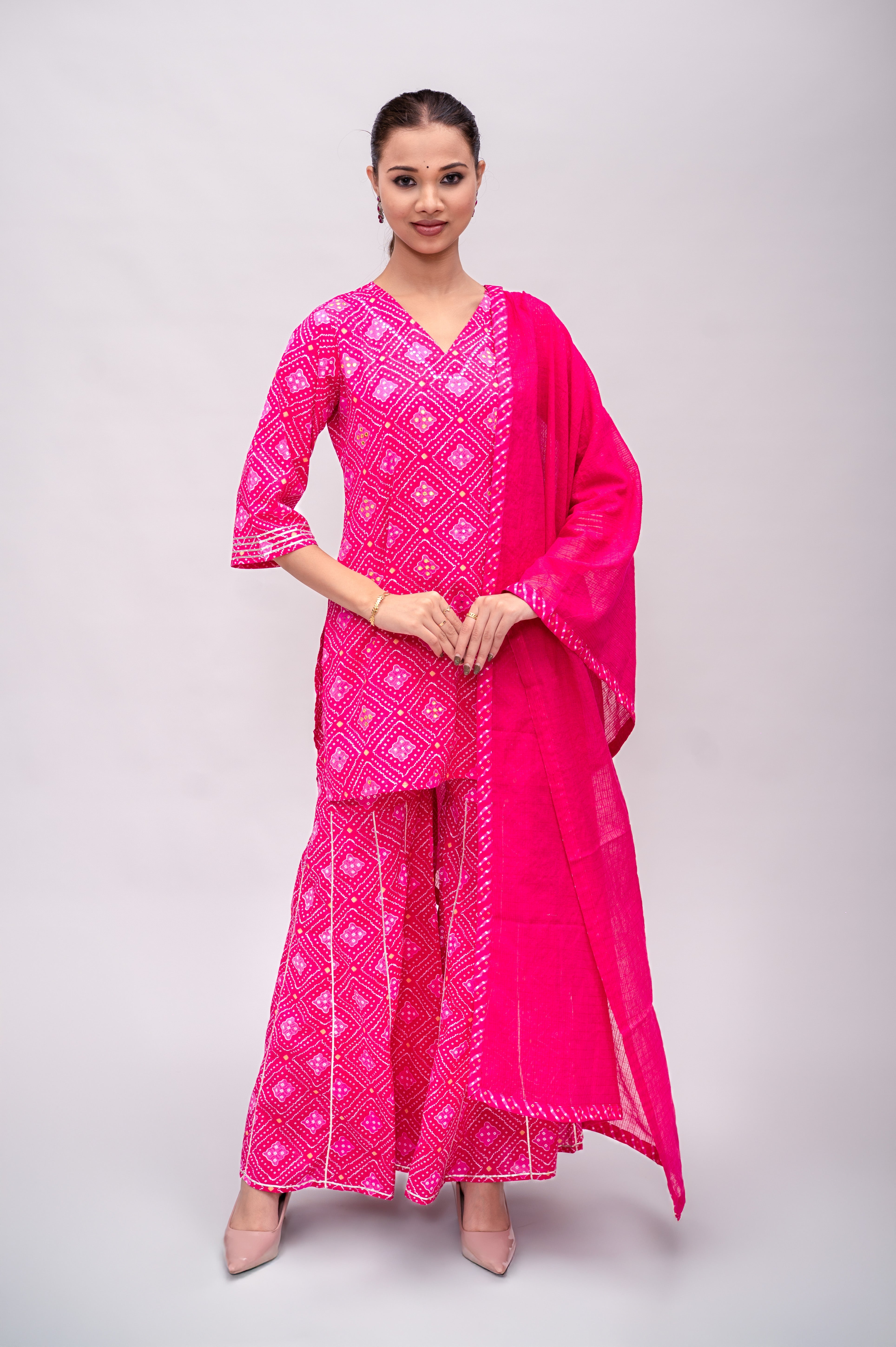 Fuchsia Pink Mal Cotton Bandhani Print Sharara Suit with Mirror Embroidery