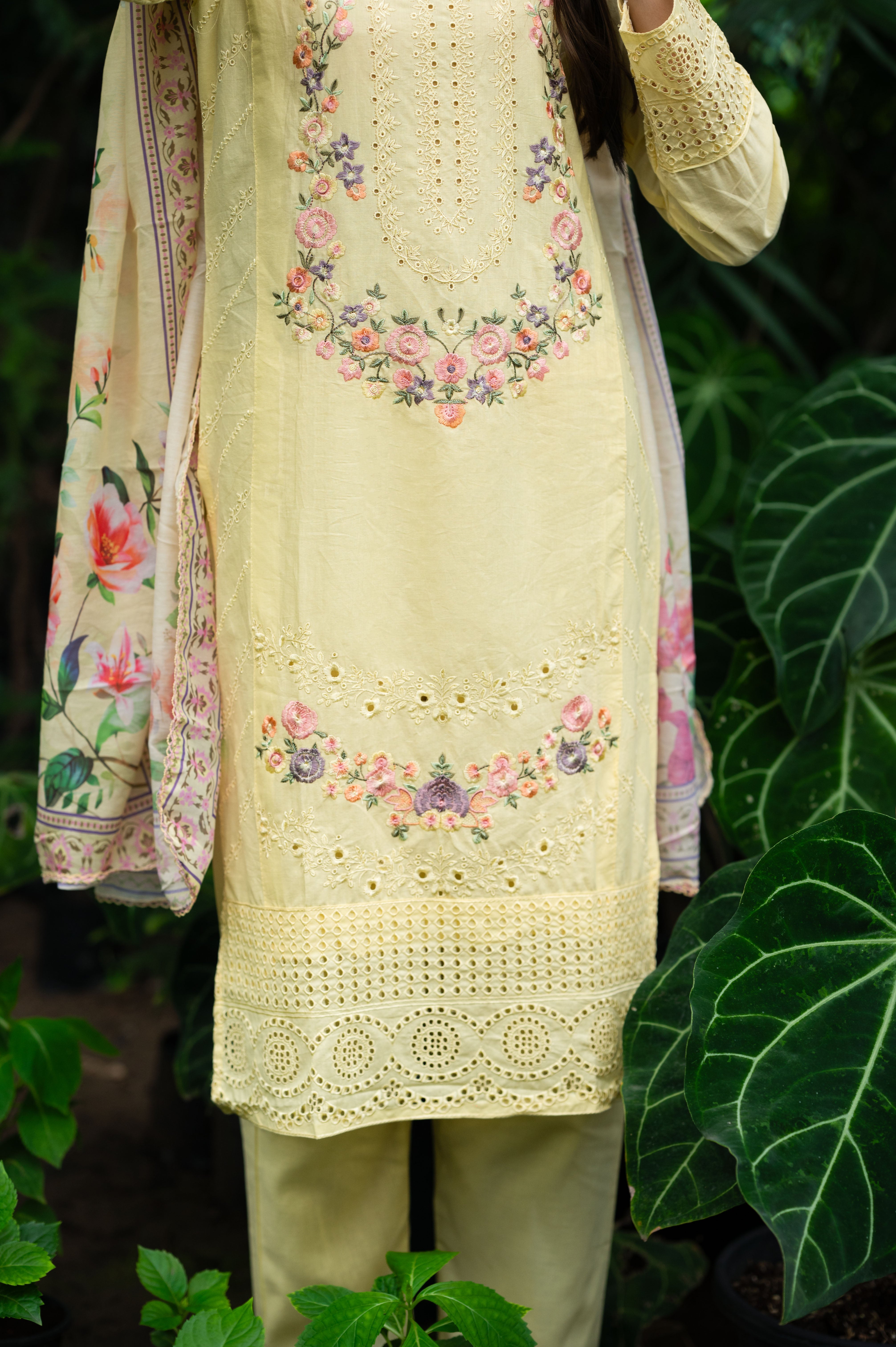 Lemon Yellow Cotton Suit with Embroidery with a Malmal Printed Dupatta
