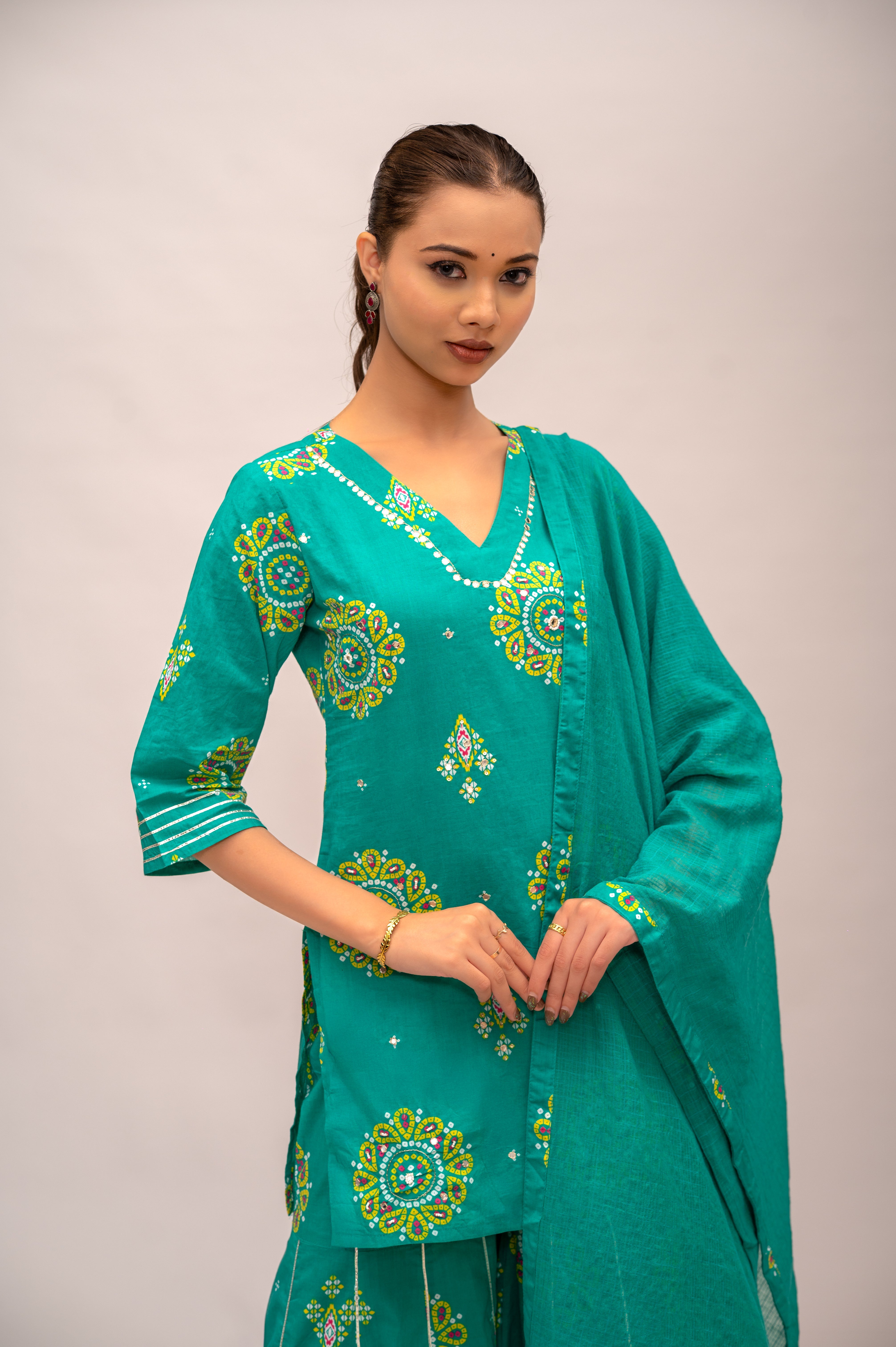 Green Mal Cotton Bandhani Print Sharara Suit with Mirror Embroidery