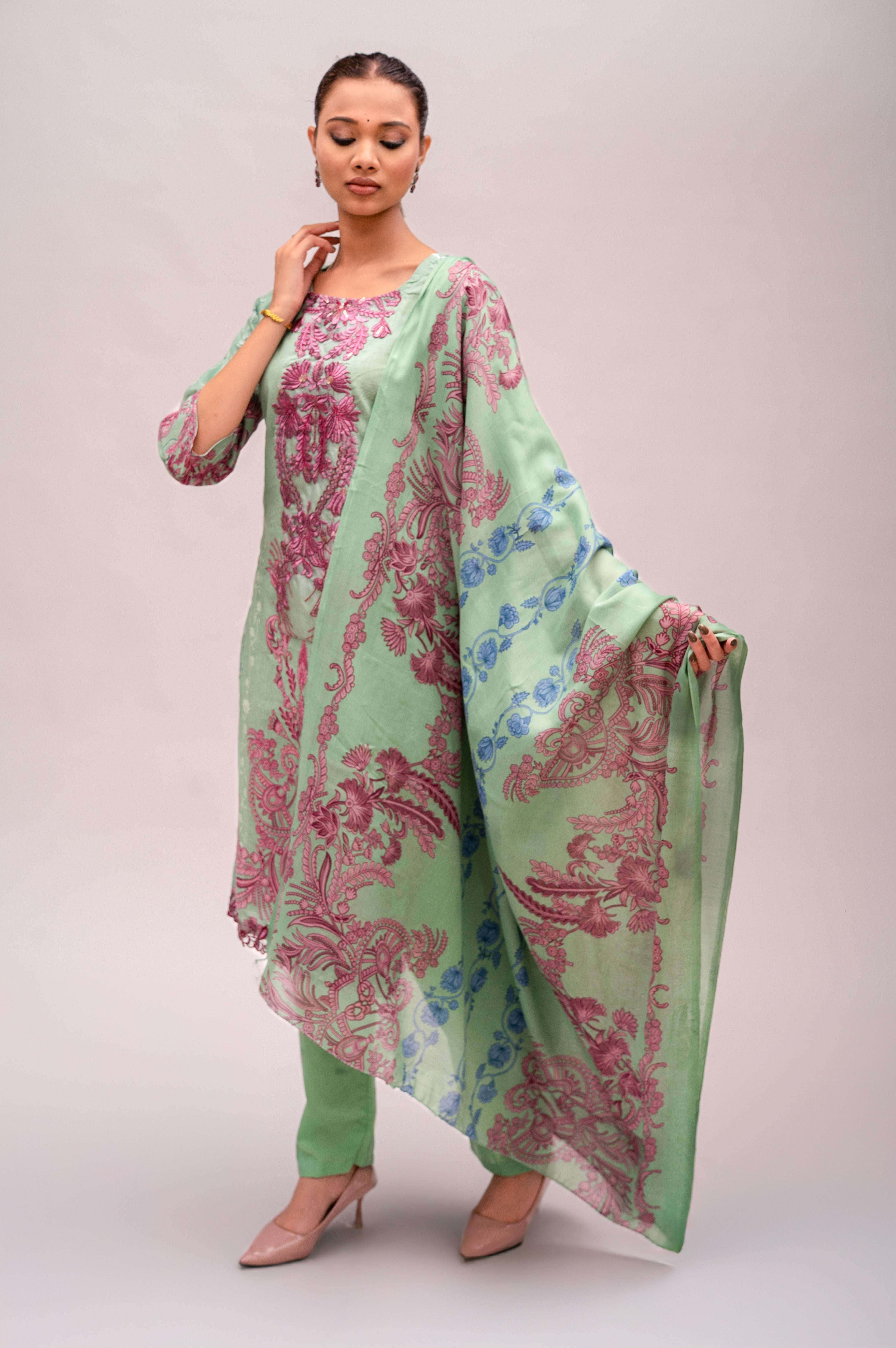 Pastel Green Lawn Cotton Suit with Plain Bottom and Printed Dupatta