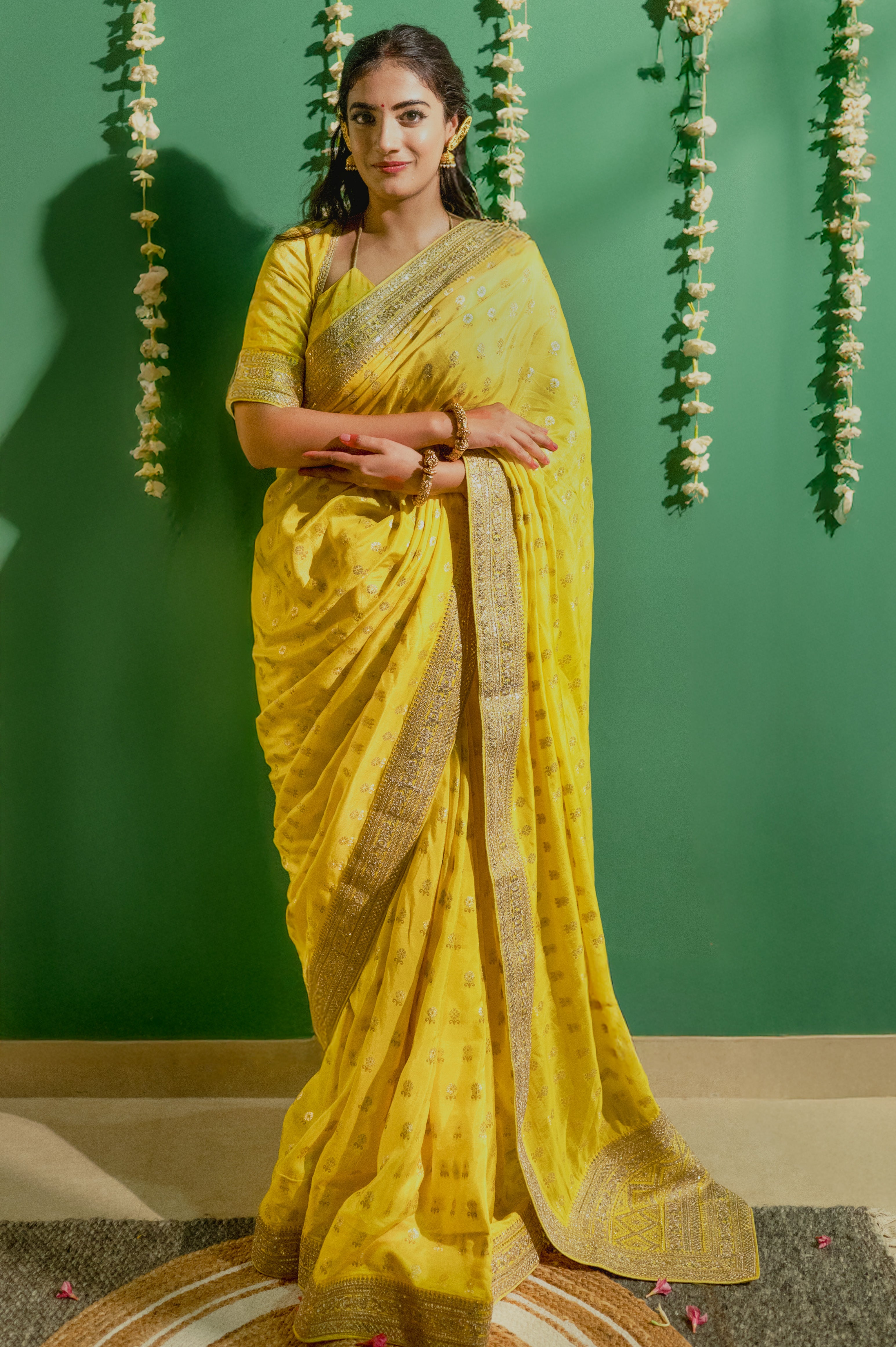 Yellow Silk Saree with Golden Buti Work and Rich Zari Border