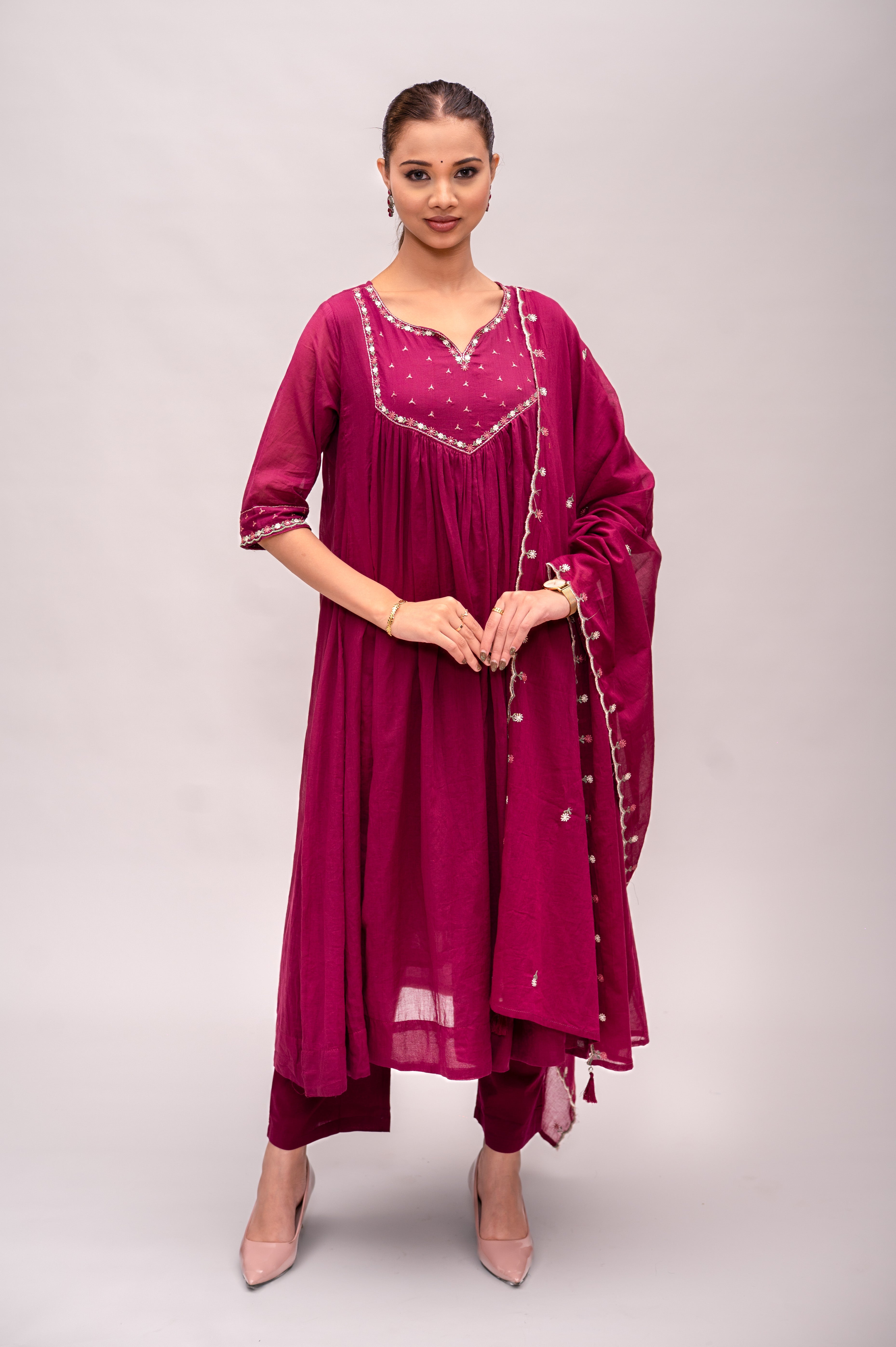 Wine Red Frock Suit with Pant & Dupatta With Thread Embroidery