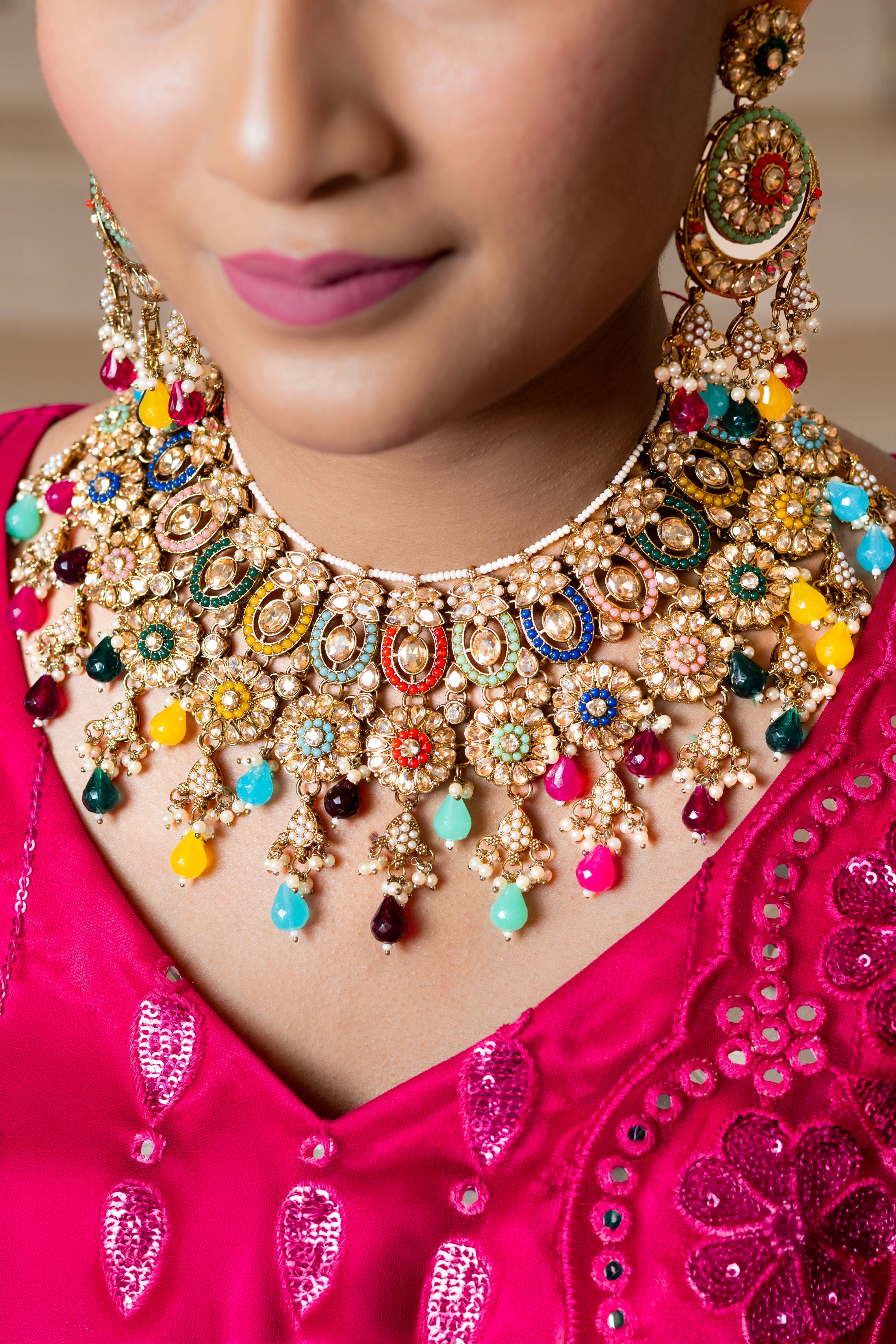 Multi Color Heavy Necklace Set Jewellery with Colorful Stones, Beads and Maang Tikka