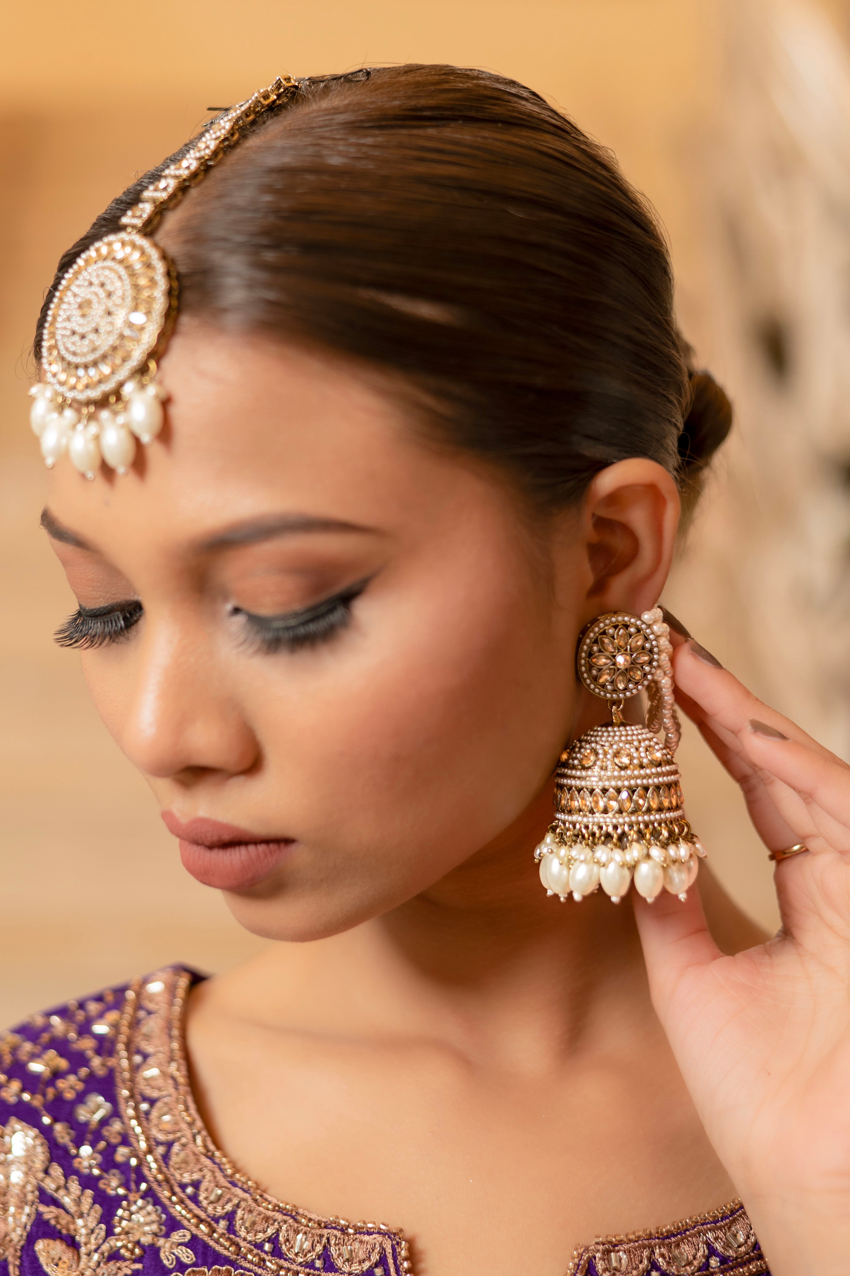 Pearl Jhumka Jewellery Set with Back Chain and Maang Tikka