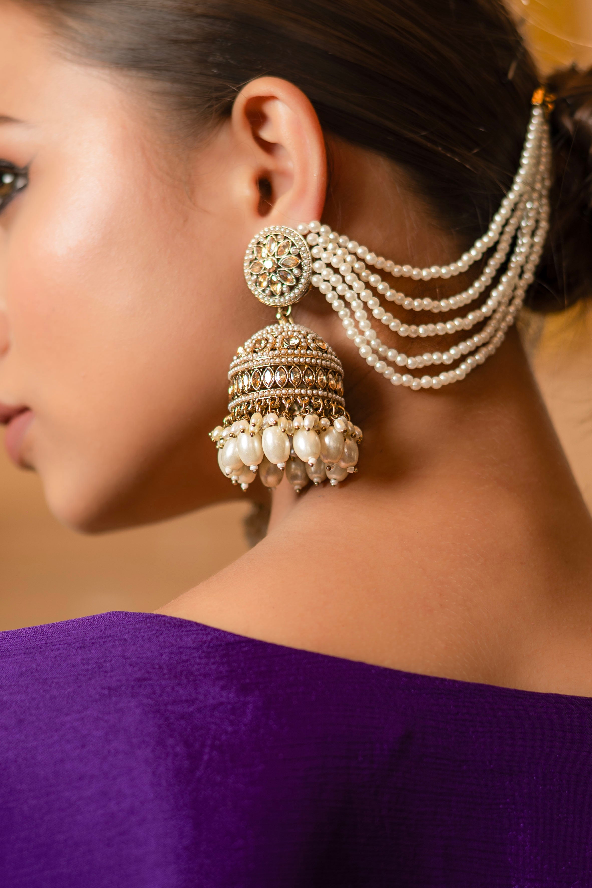 Pearl Jhumka Jewellery Set with Back Chain and Maang Tikka