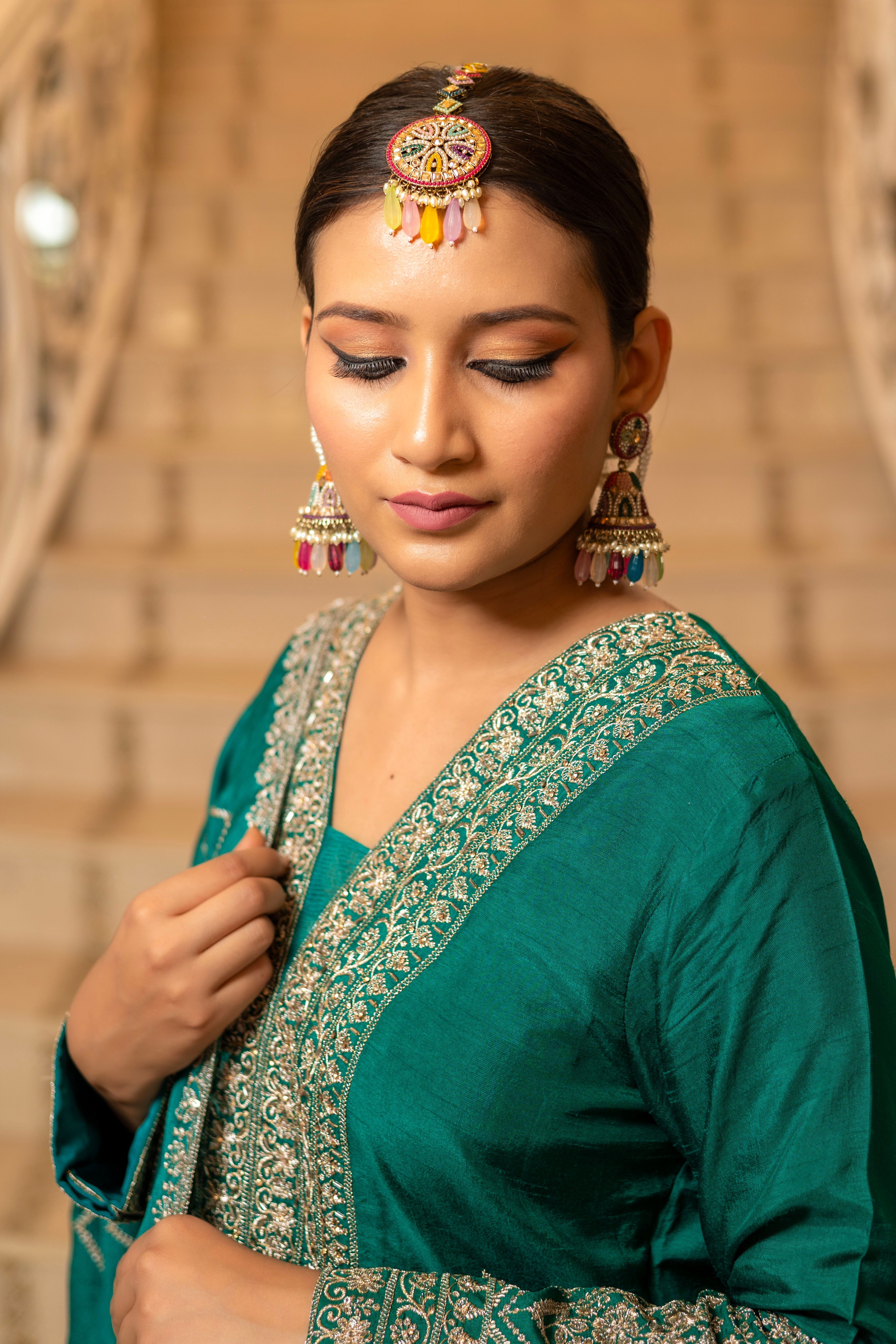 Earring and Maang Tikka Jewellery Set with Zircon and Tear Drop Pearls