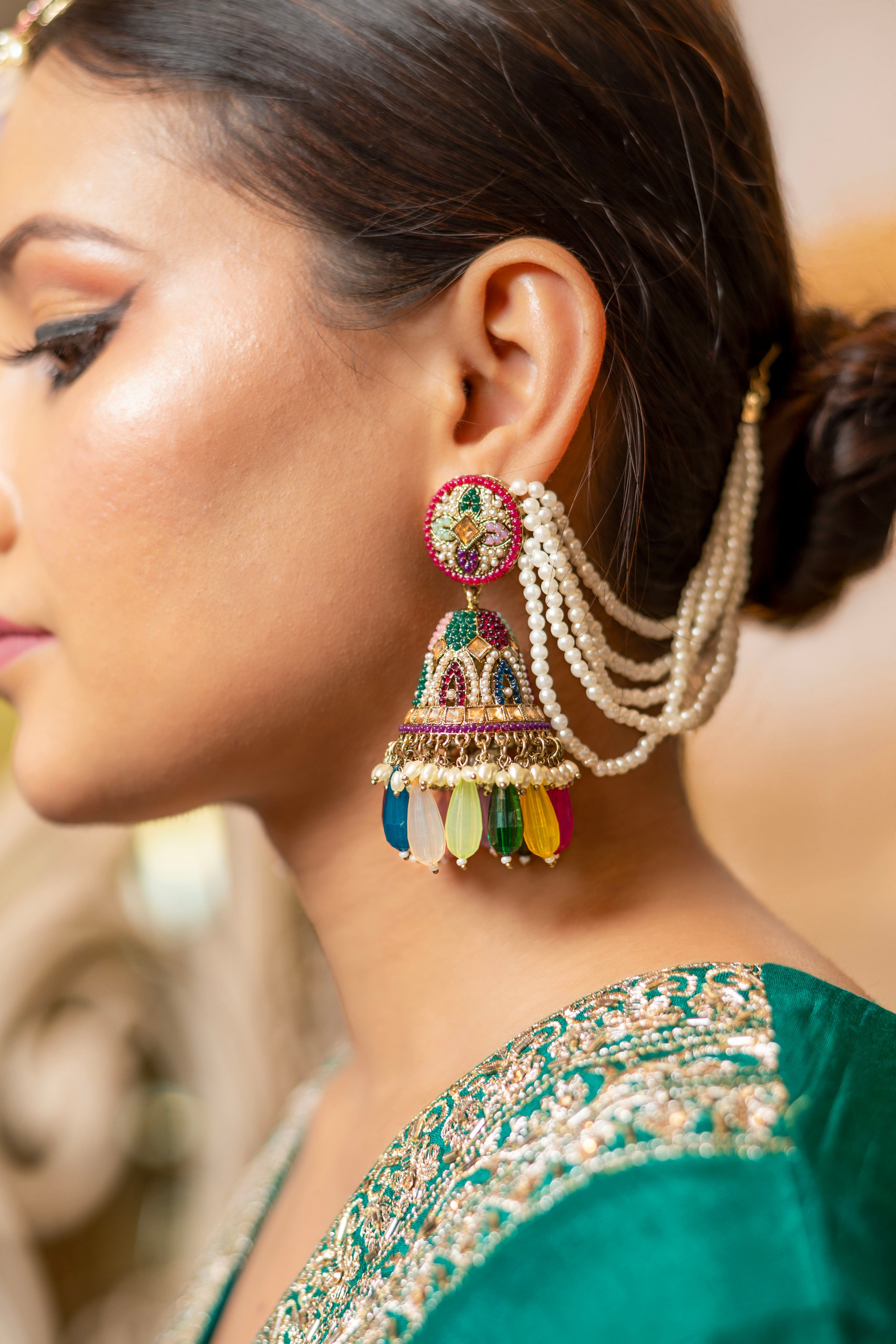 Earring and Maang Tikka Jewellery Set with Zircon and Tear Drop Pearls