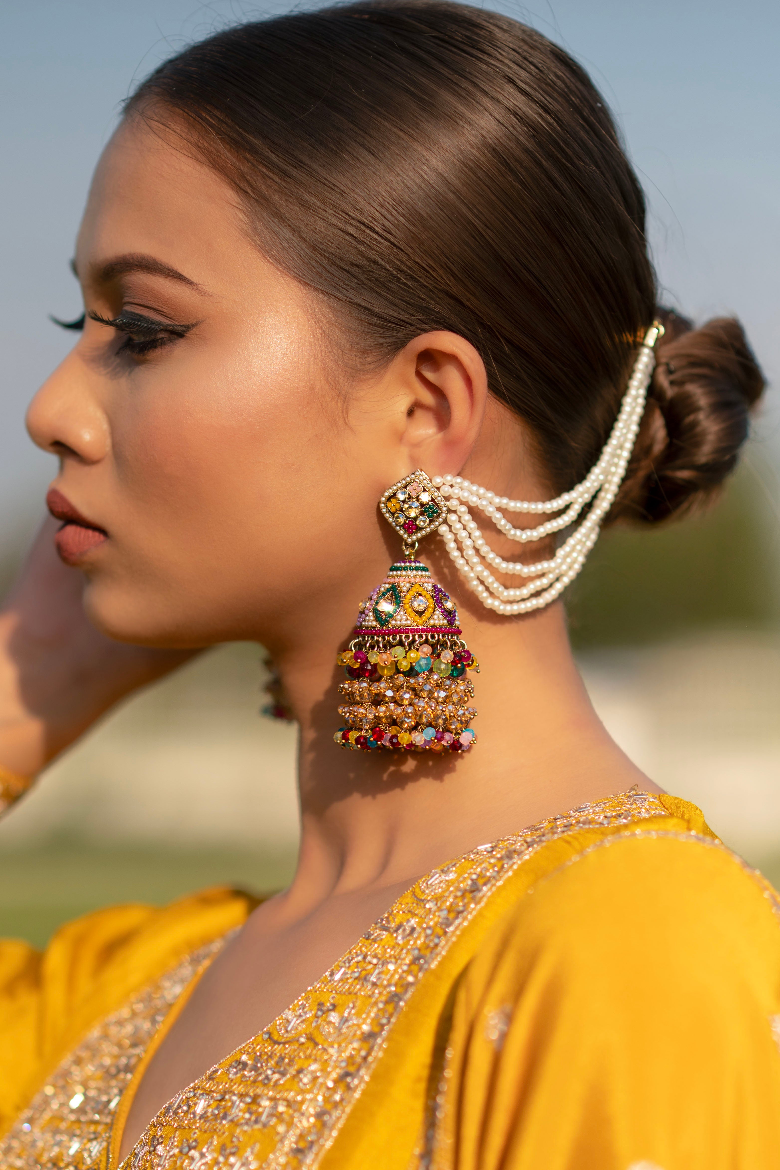 Colorful Jhumka Jewellery Earrings Set with Attached Back Chain