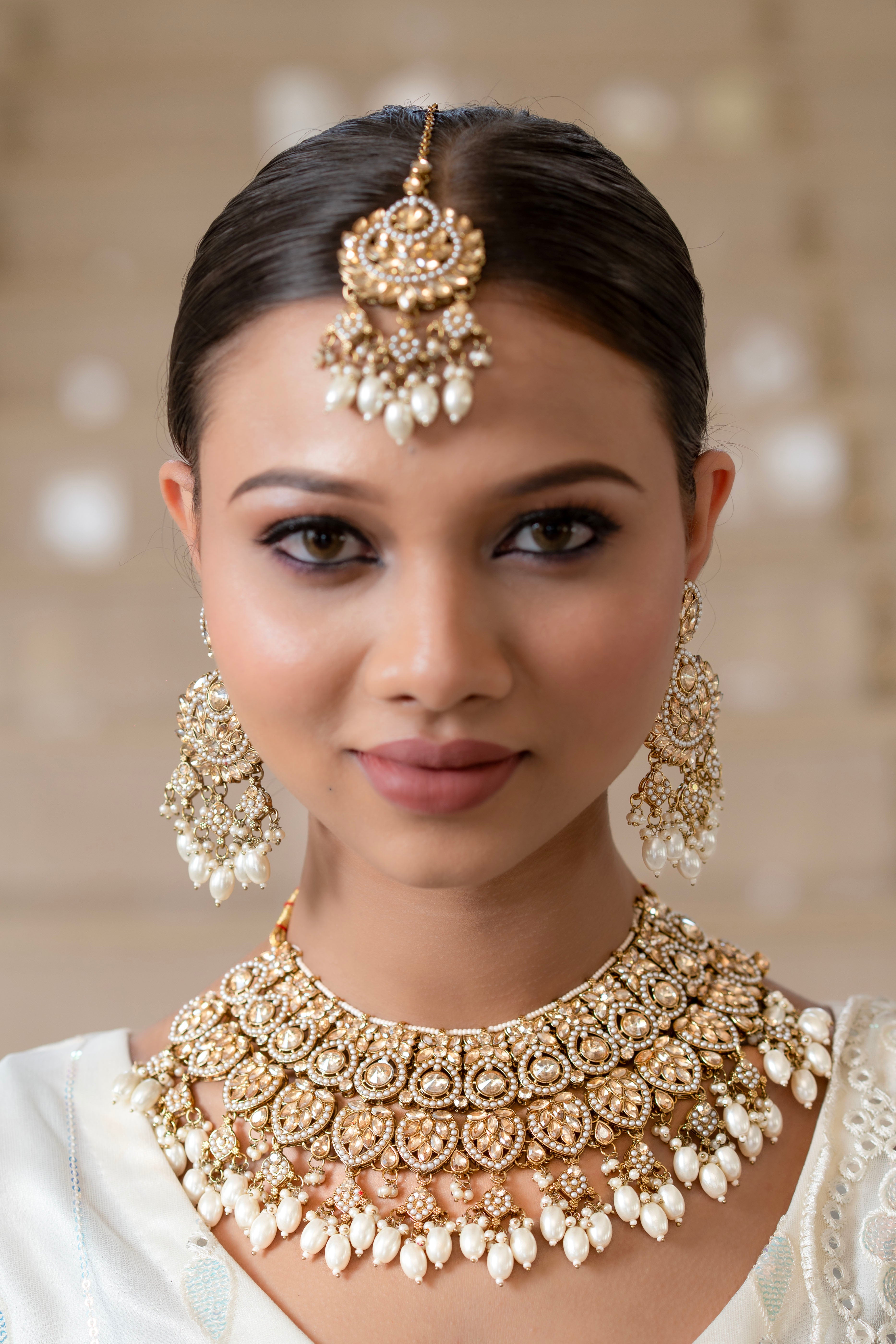Pearl and Zircon Choker Jewellery Set with Maang Tikka