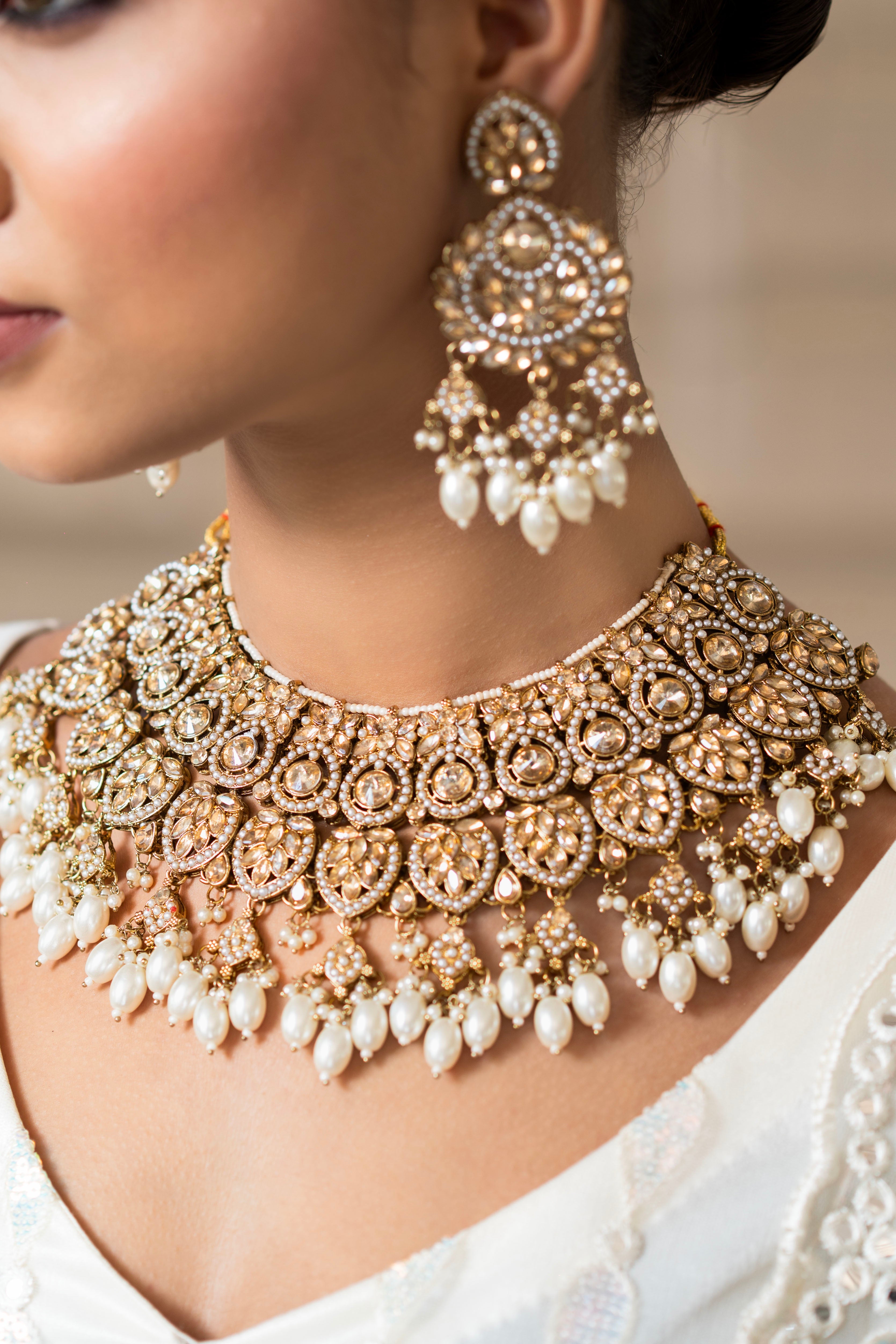Pearl and Zircon Choker Jewellery Set with Maang Tikka