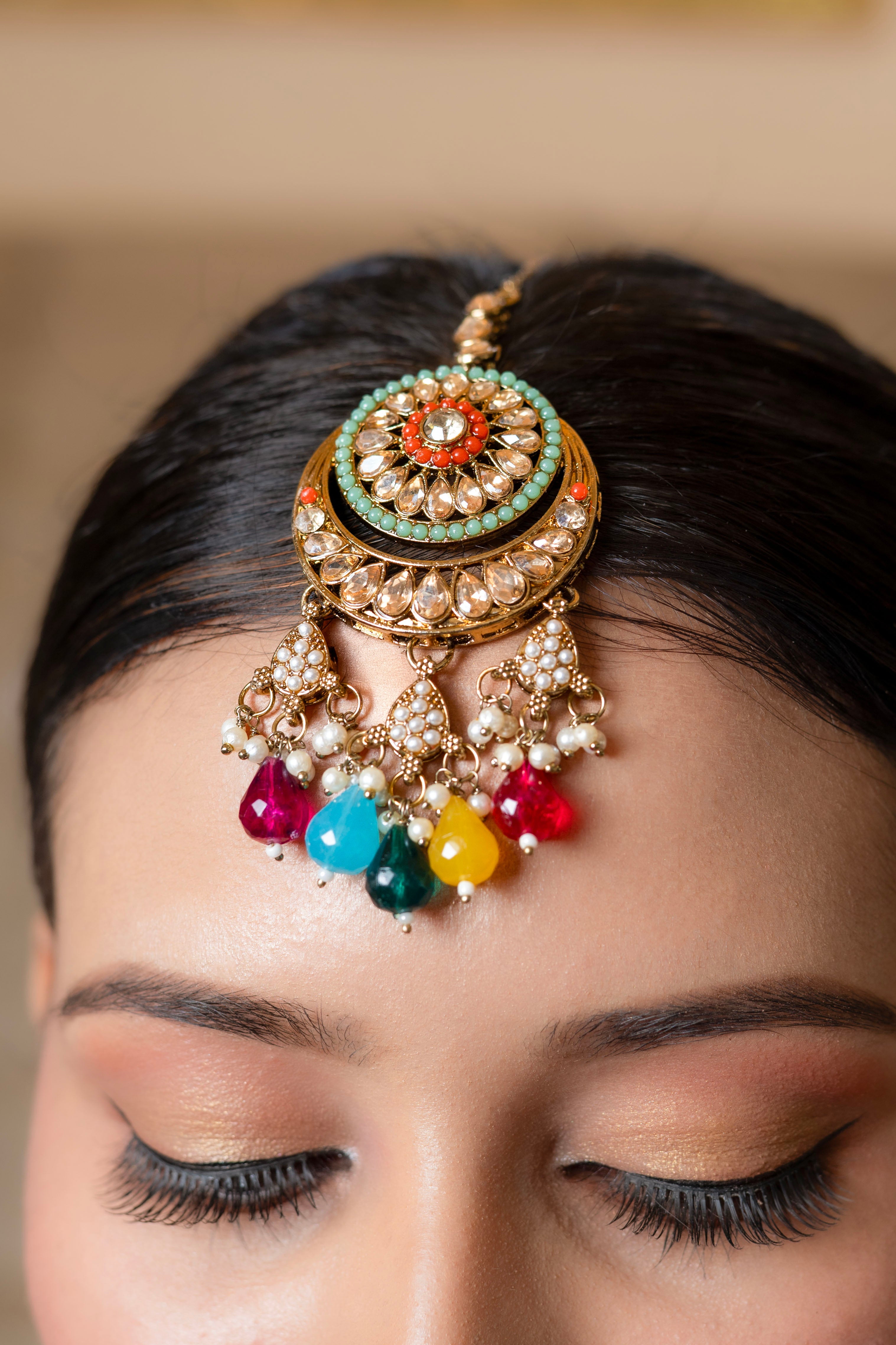 Multi Color Heavy Necklace Set Jewellery with Colorful Stones, Beads and Maang Tikka
