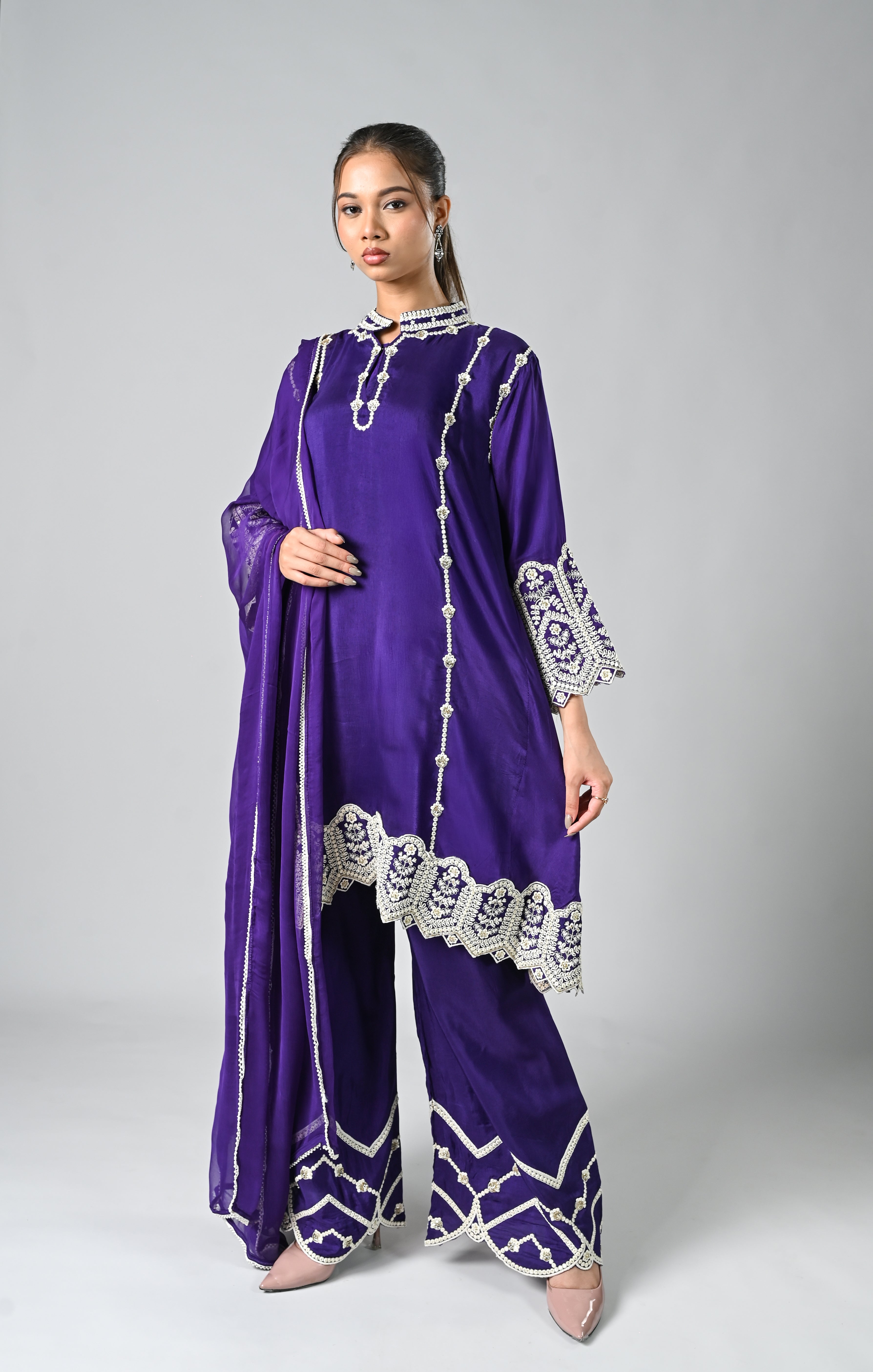 Orange Palazzo Crepe Kurta Set with Silver Embroidery
