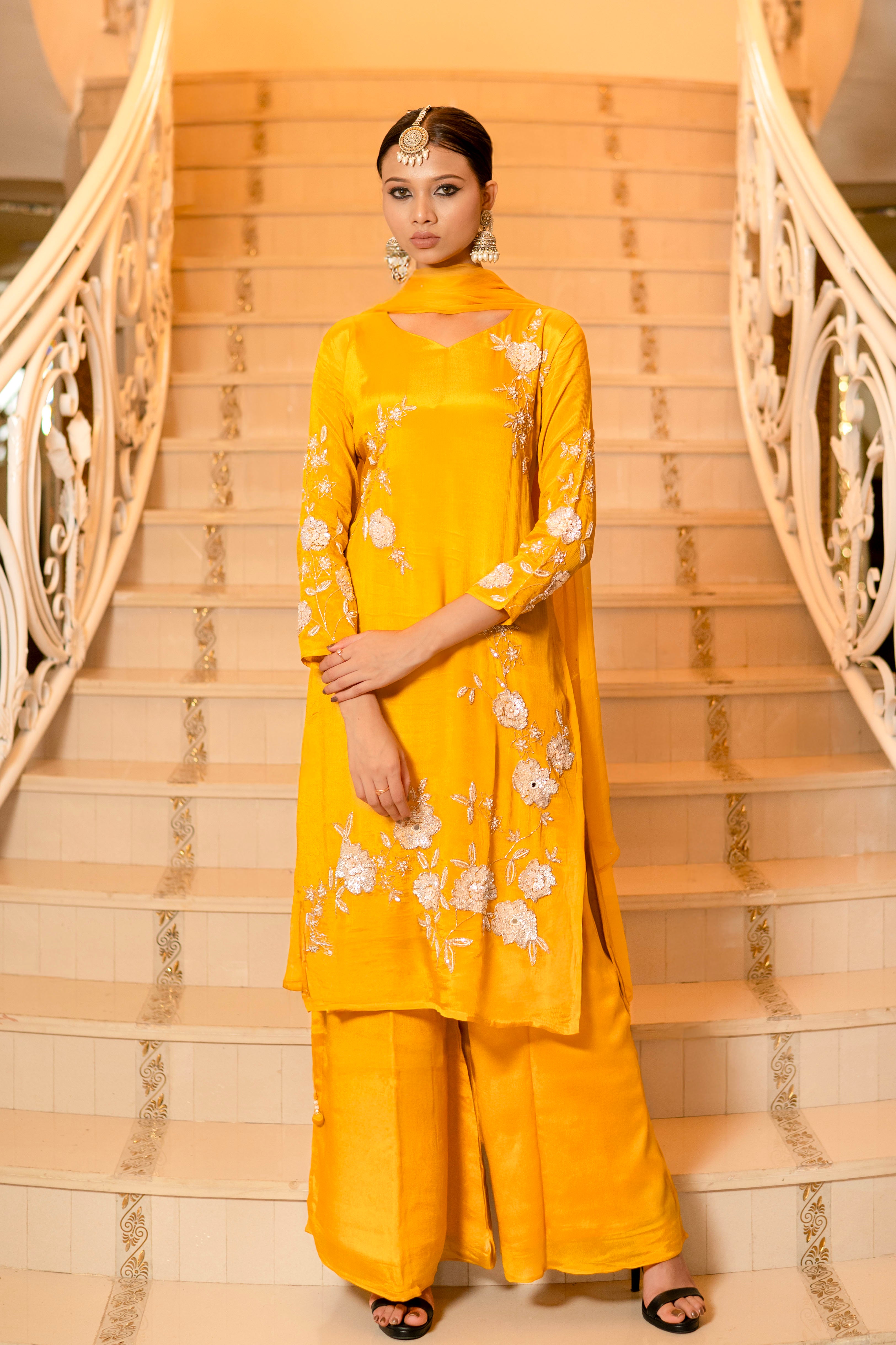 Mehandi Green Chiffon Hand Embroidered Kurta with Palazzo Set