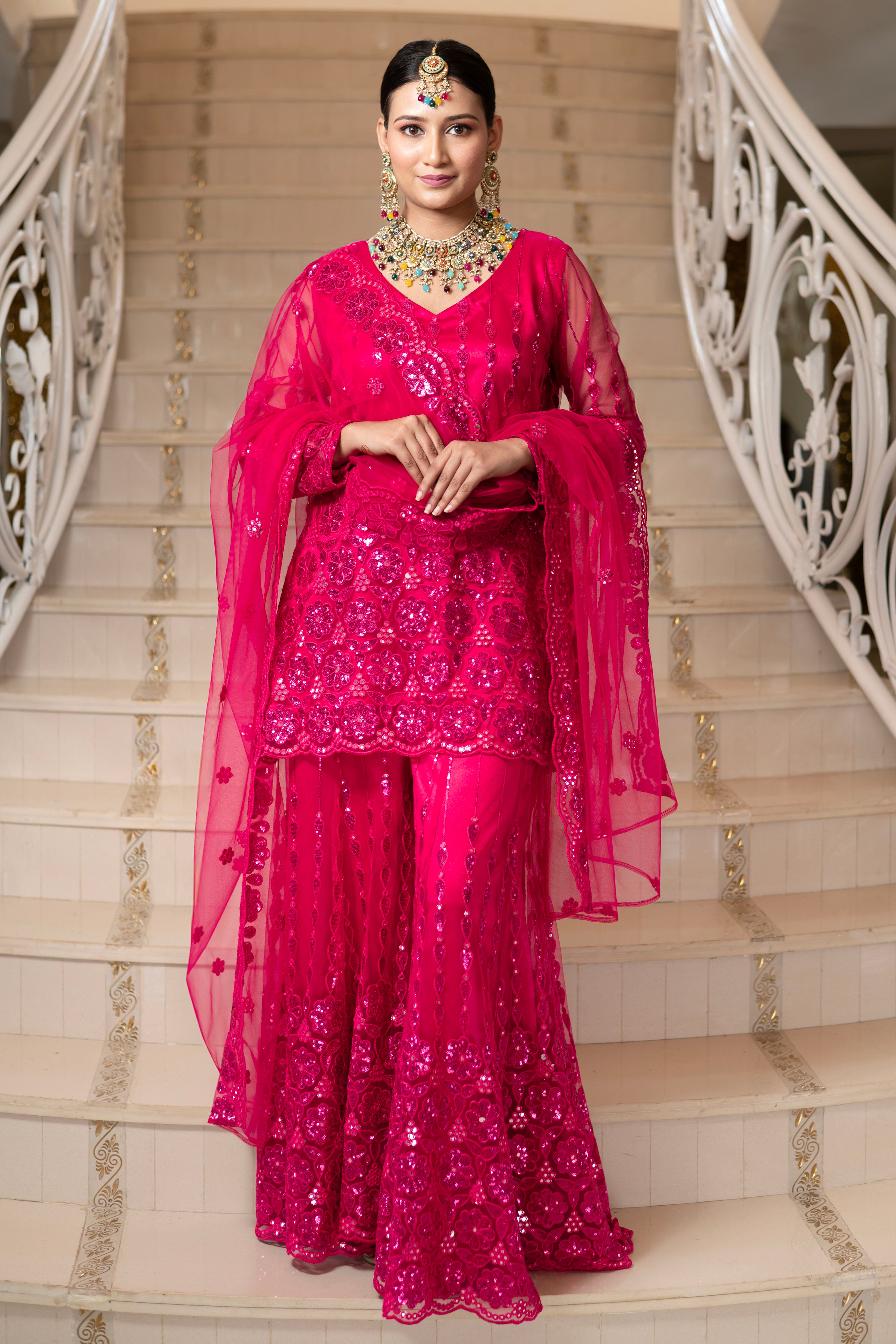 Ivory Pearl White Super Net Full Sleeve Kurta With Flared  Palazzo Sets