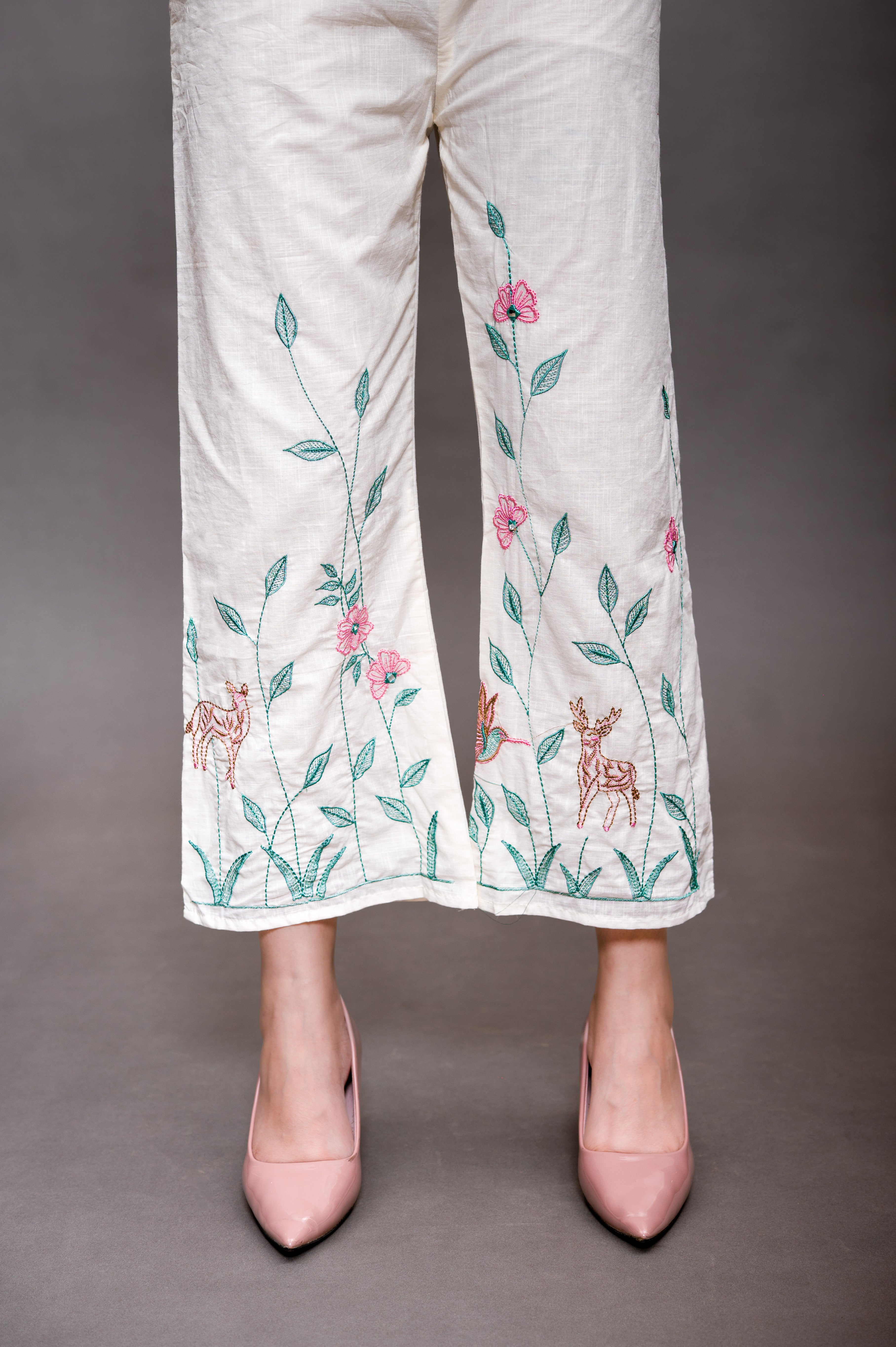 Cream White Cord Set with Green and Pink Color Embroidery