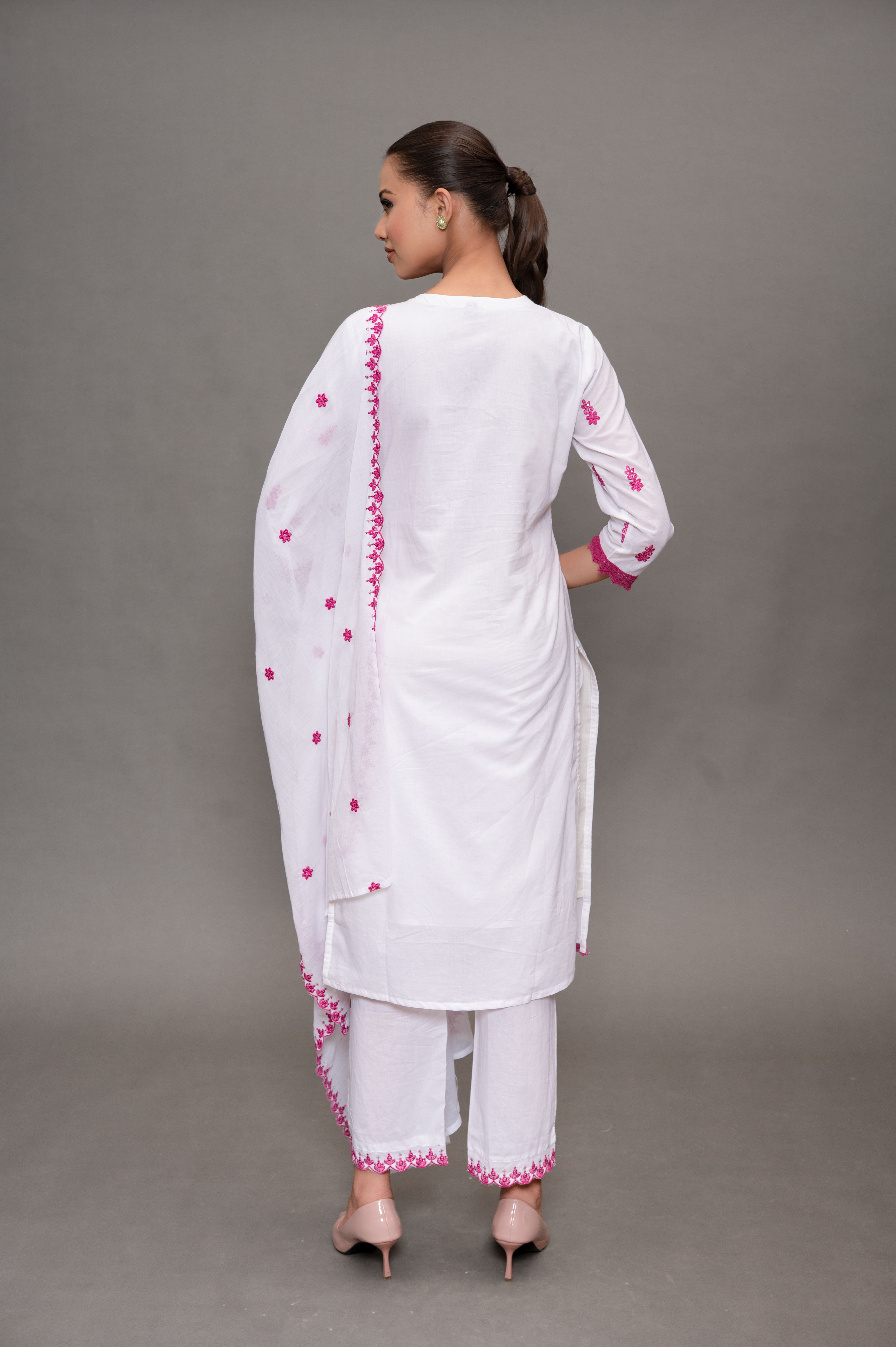 White Cotton Embroidery Suit with Pant and Dupatta