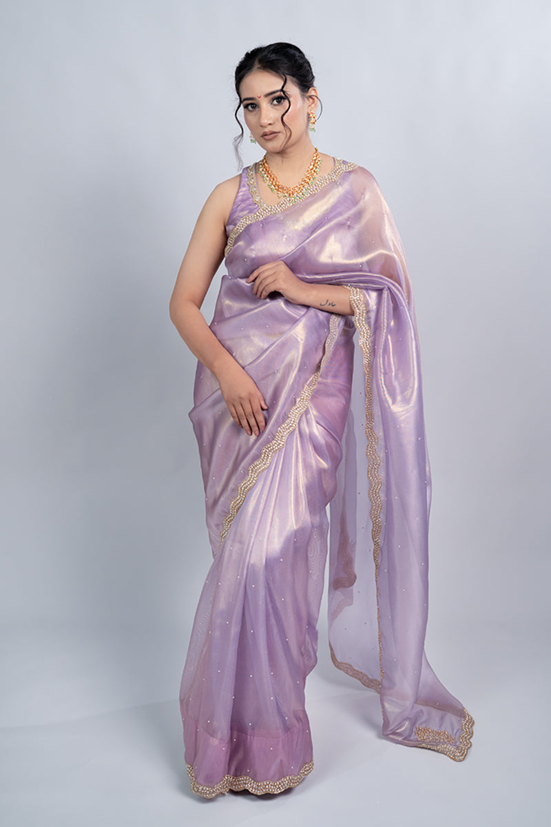 Rose Gold Shimmer Organza Saree with Pearl and Sequin Work