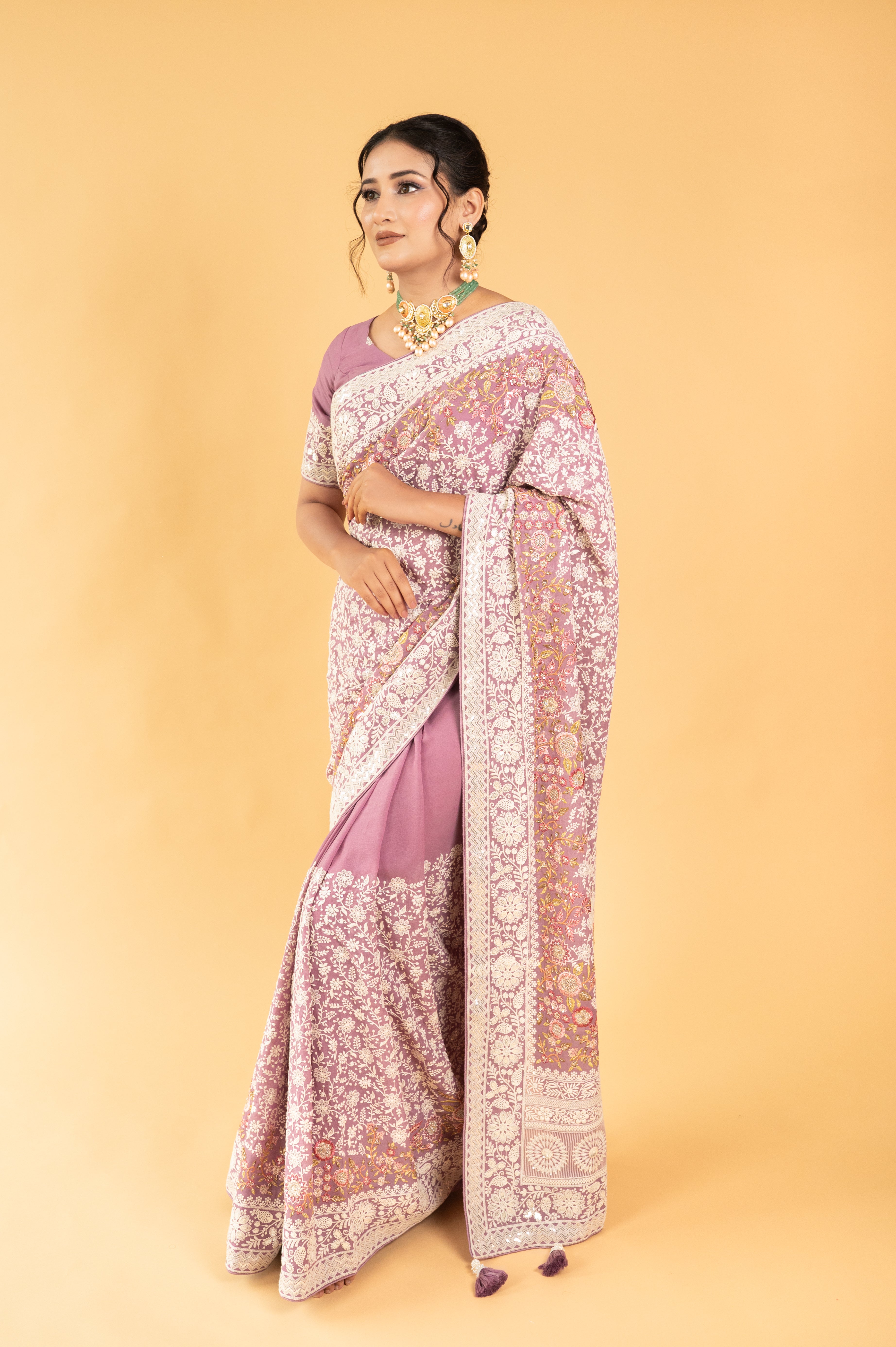 Lavender Purple Lucknowi Georgette Saree with Beautiful Tassels and Zari Work