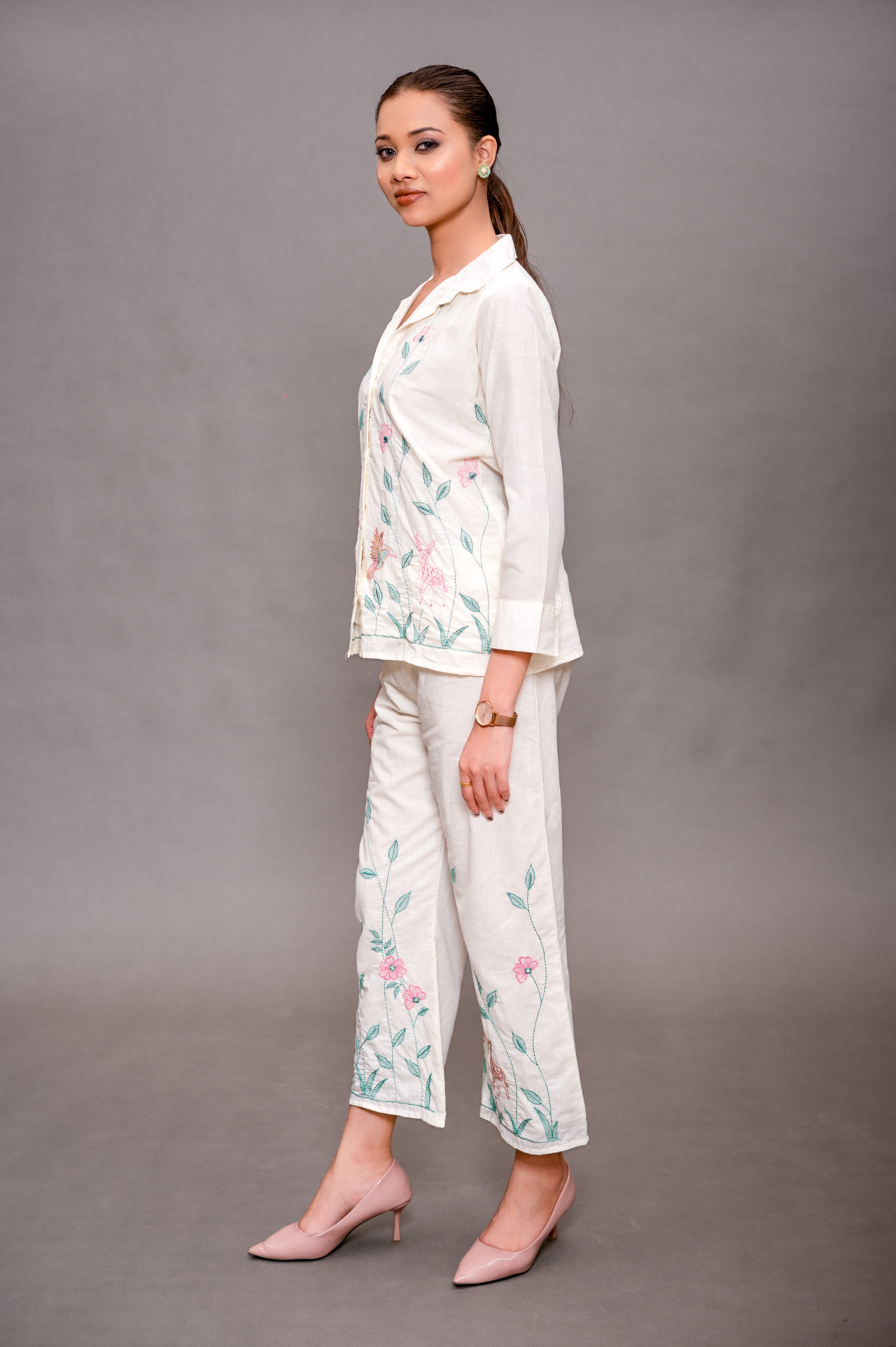 Cream White Cord Set with Green and Pink Color Embroidery