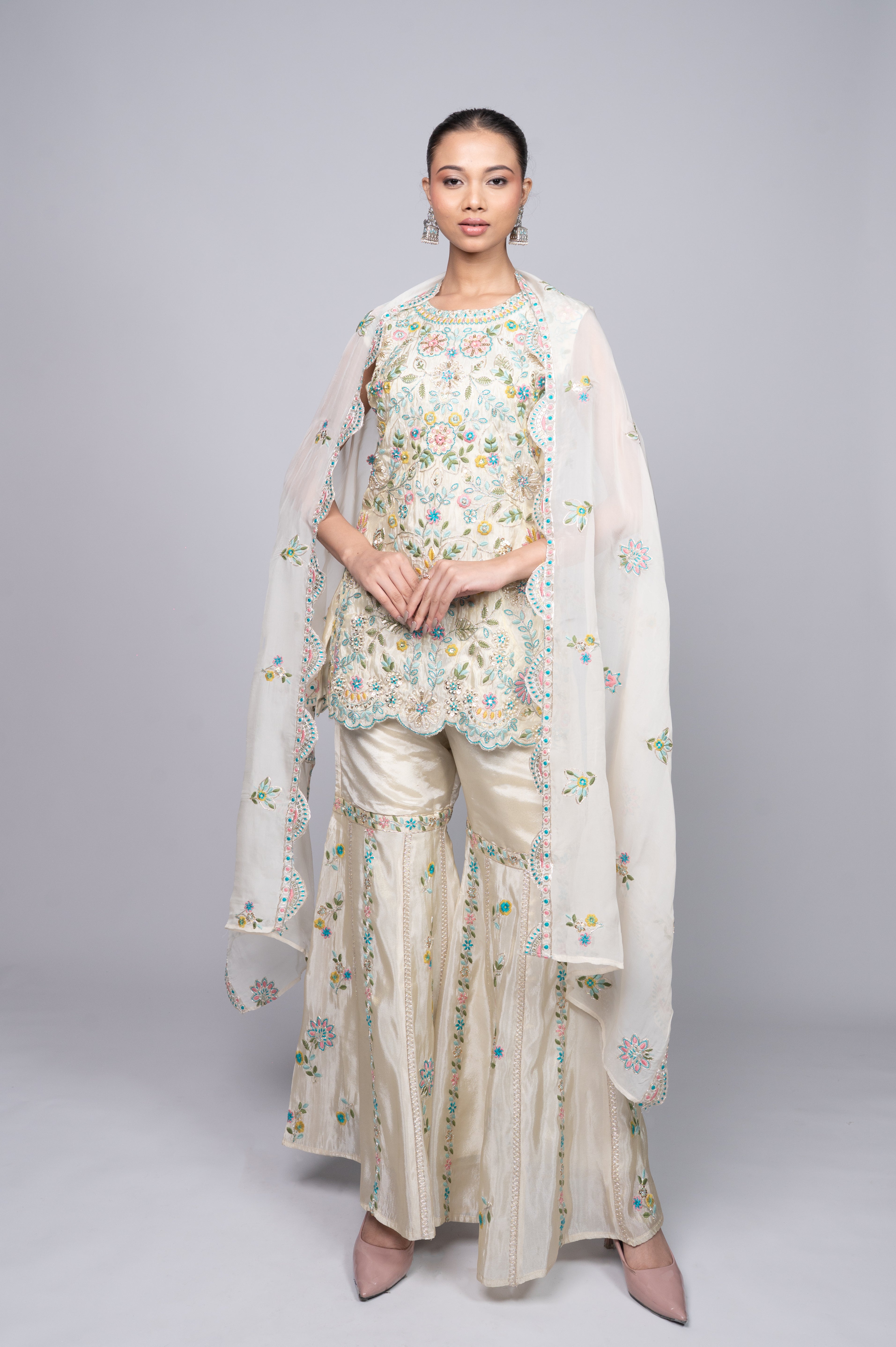 Lemon Green Crepe Garara Set with Pearl Embroidery