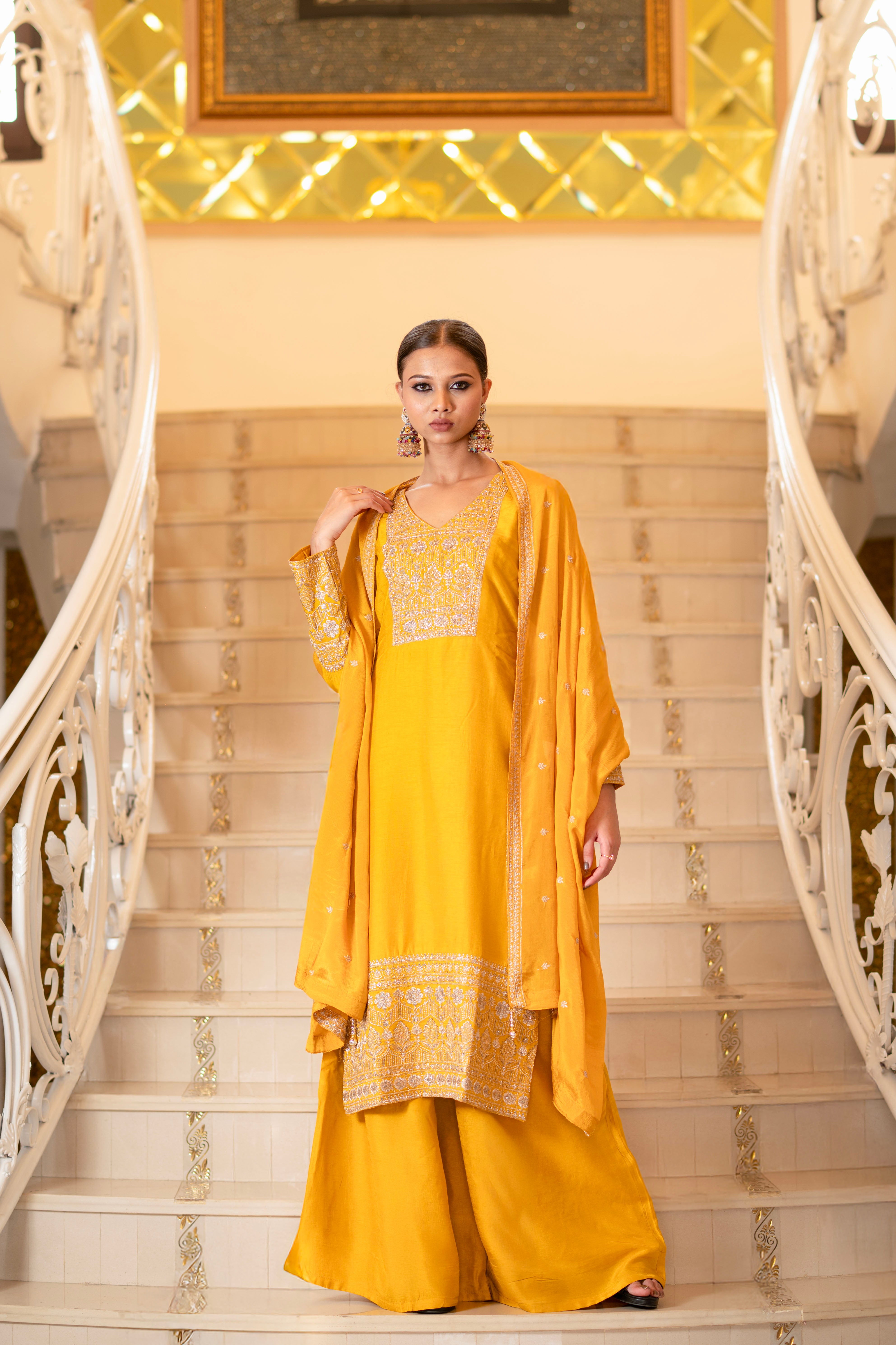 Teal Green Viscose Silk Embroidered Kurta with Flared Palazzo Set