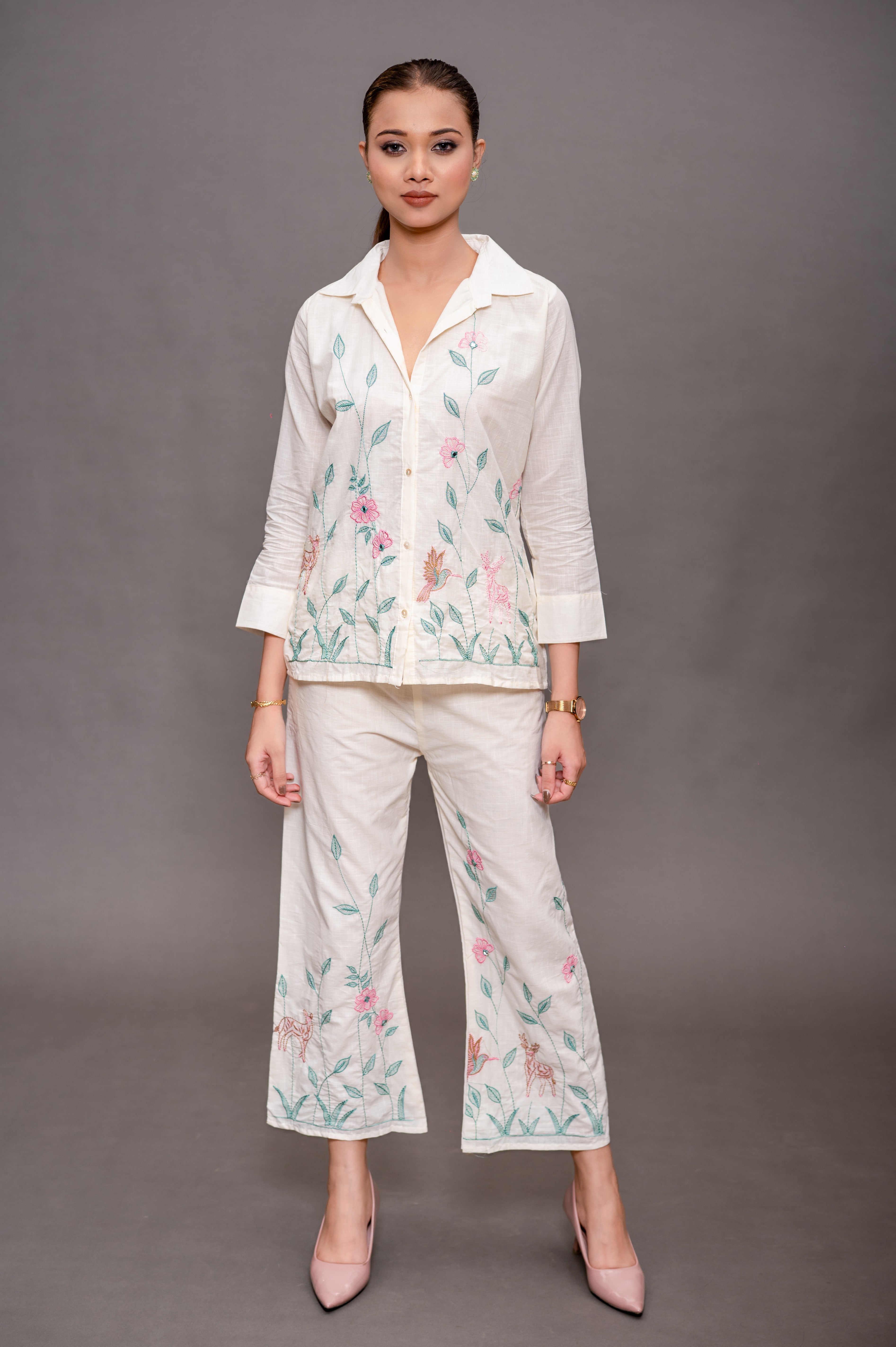 Cream White Cord Set with Green and Pink Color Embroidery