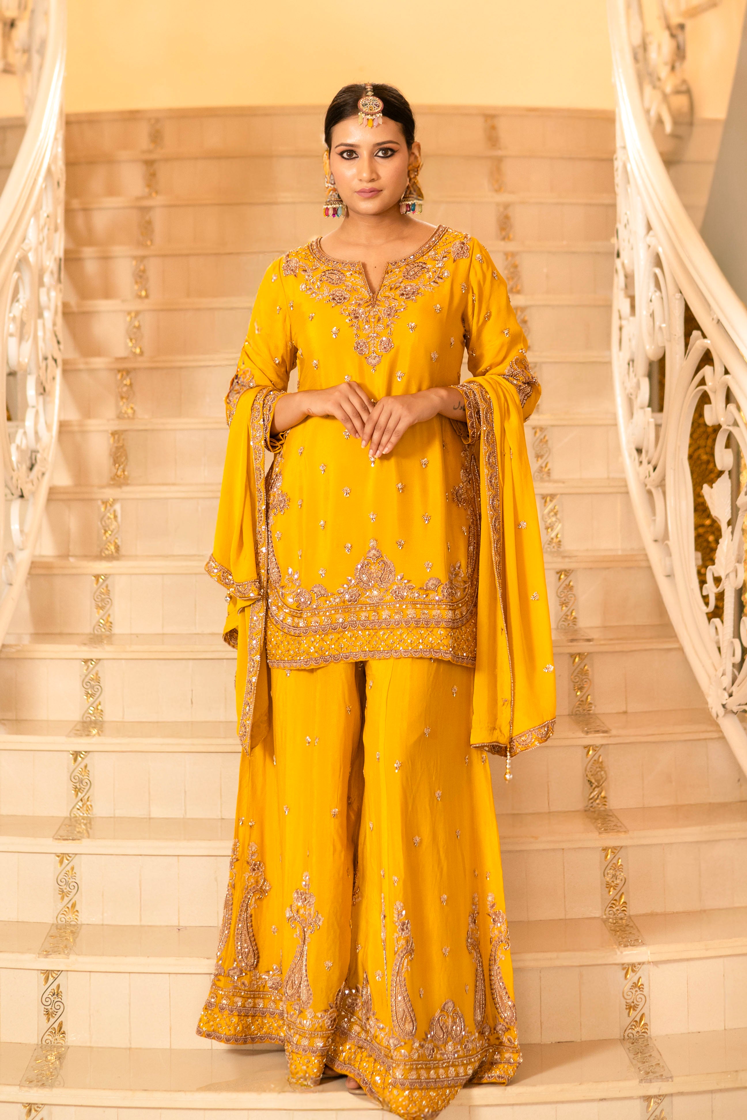 Purple Viscose Silk Detailed Heavy Embroidered Sharara Set