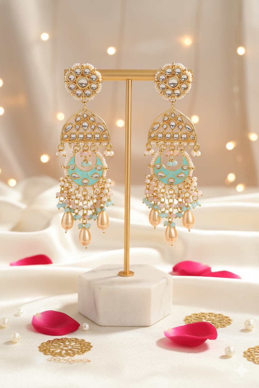 Pair of gold and turquoise earrings on a decorative stand with pink petals and gold accents.