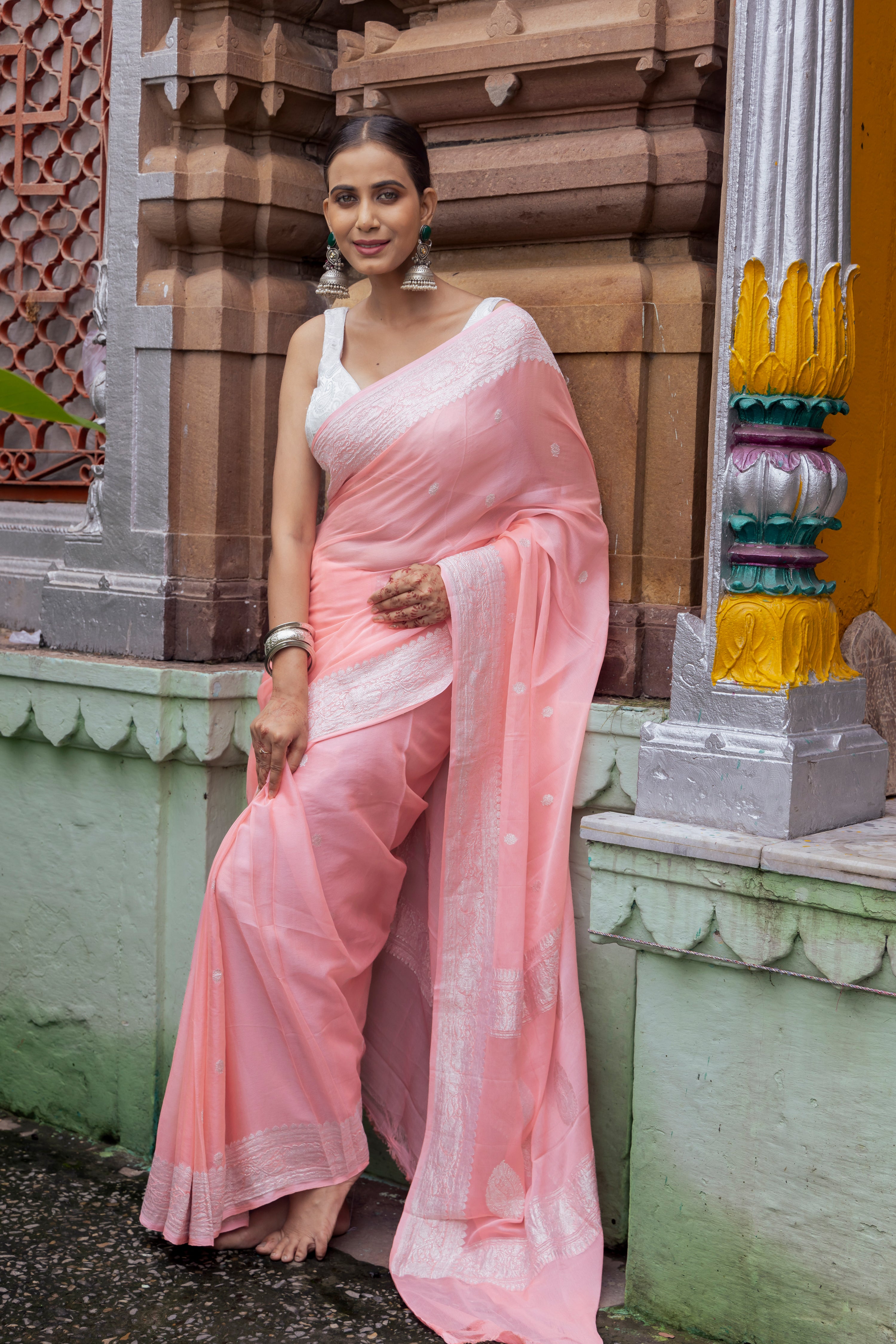 Handloom Baby Pink Pure Khaddi chiffon Banarasi Saree