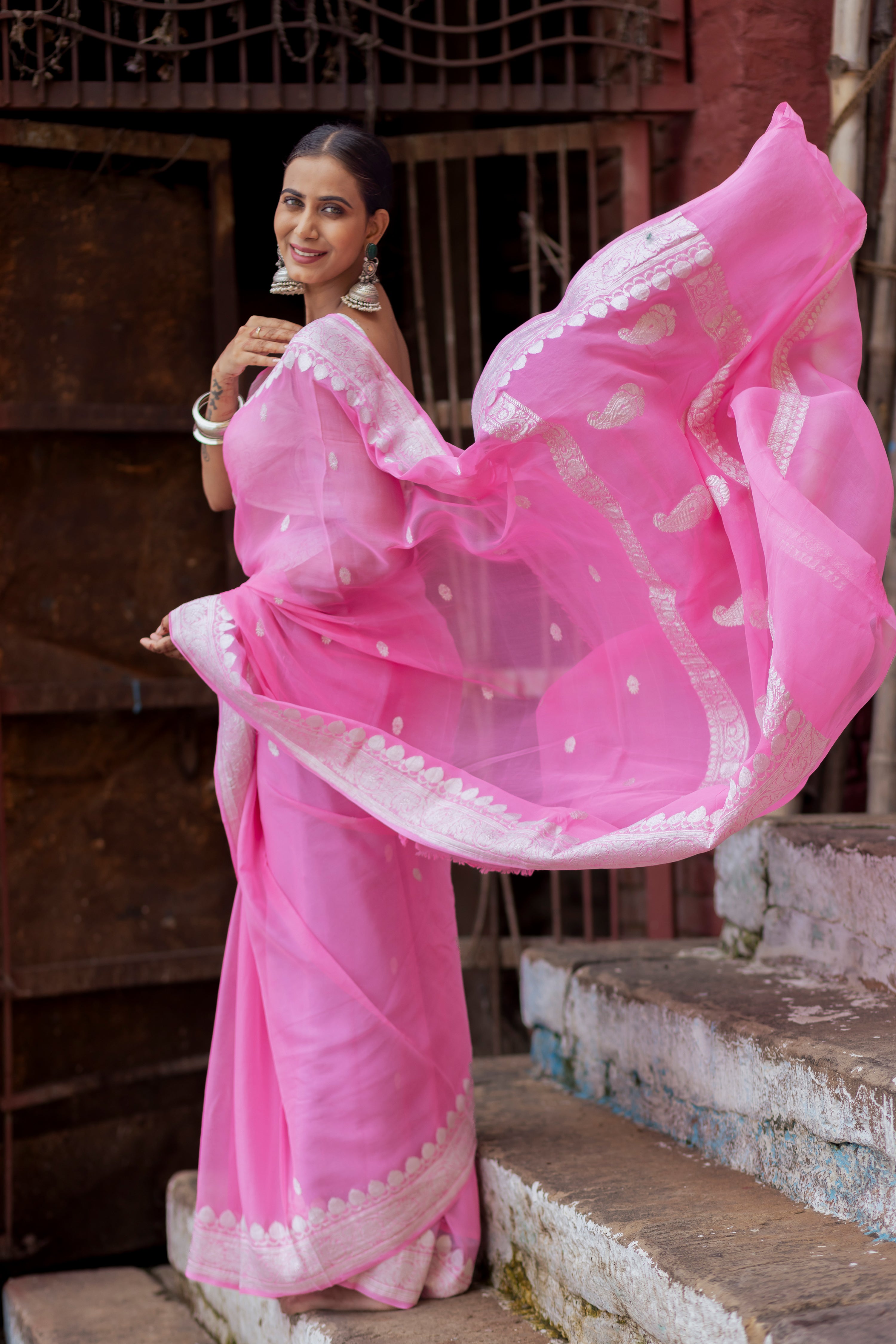 Handloom Peach  Pure Khaddi Chiffon Banarasi Saree