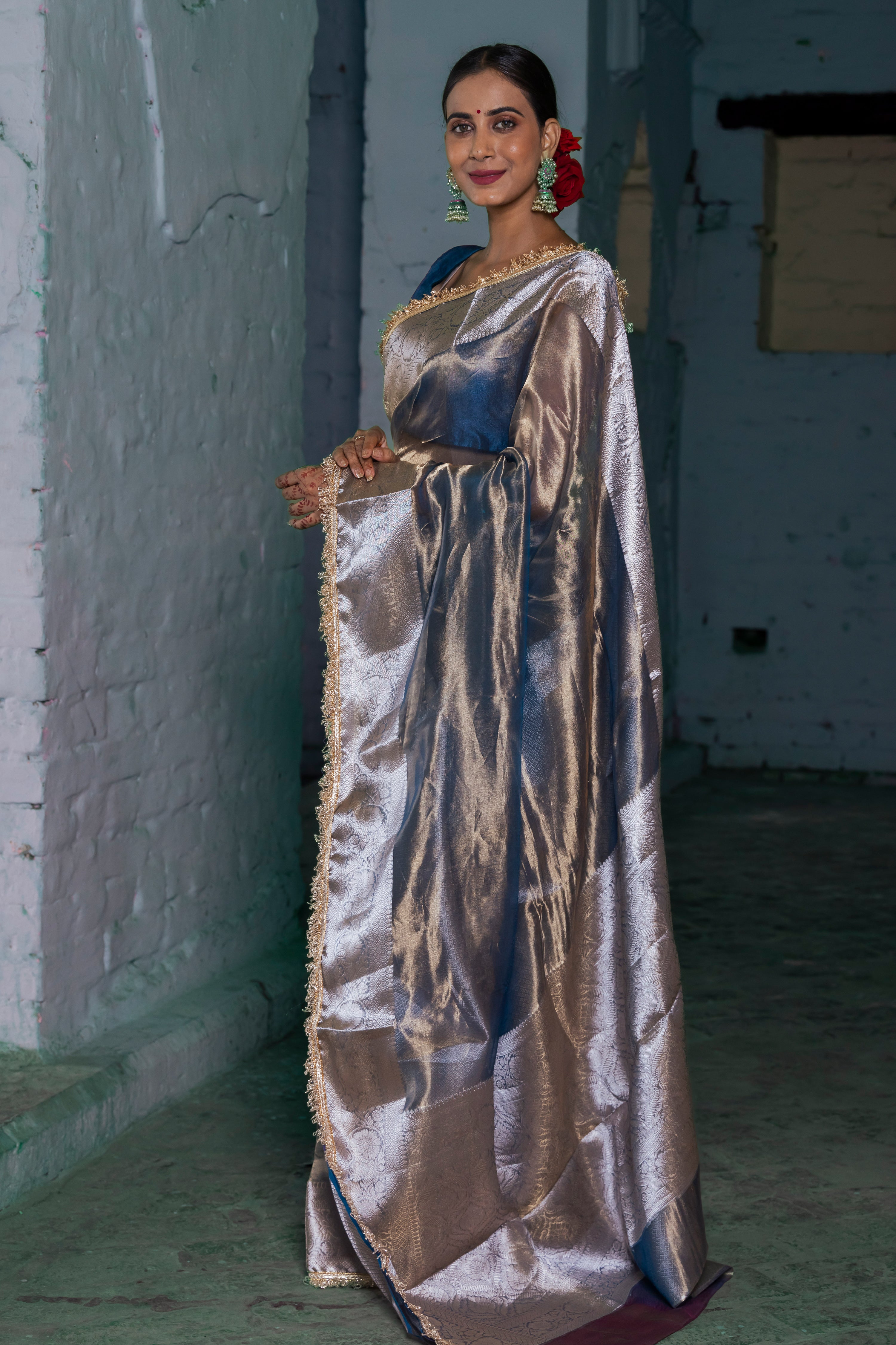 Handloom  Peach Pure Tissue Silk Banarasi Saree