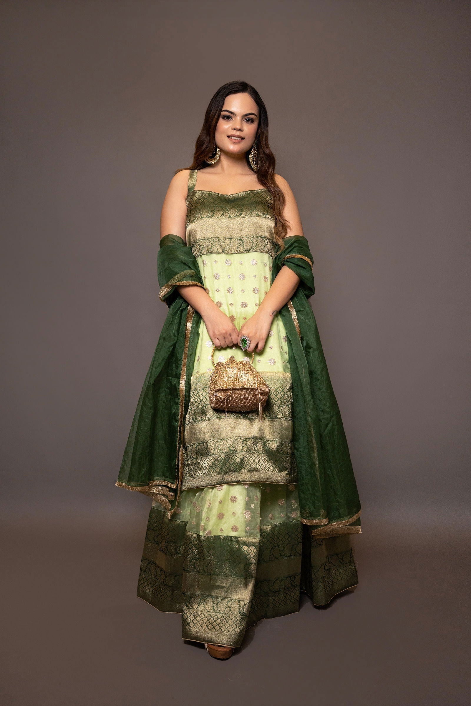 Parrot Green Buti Organza Suit with Kali Skirt - Mayrake.in