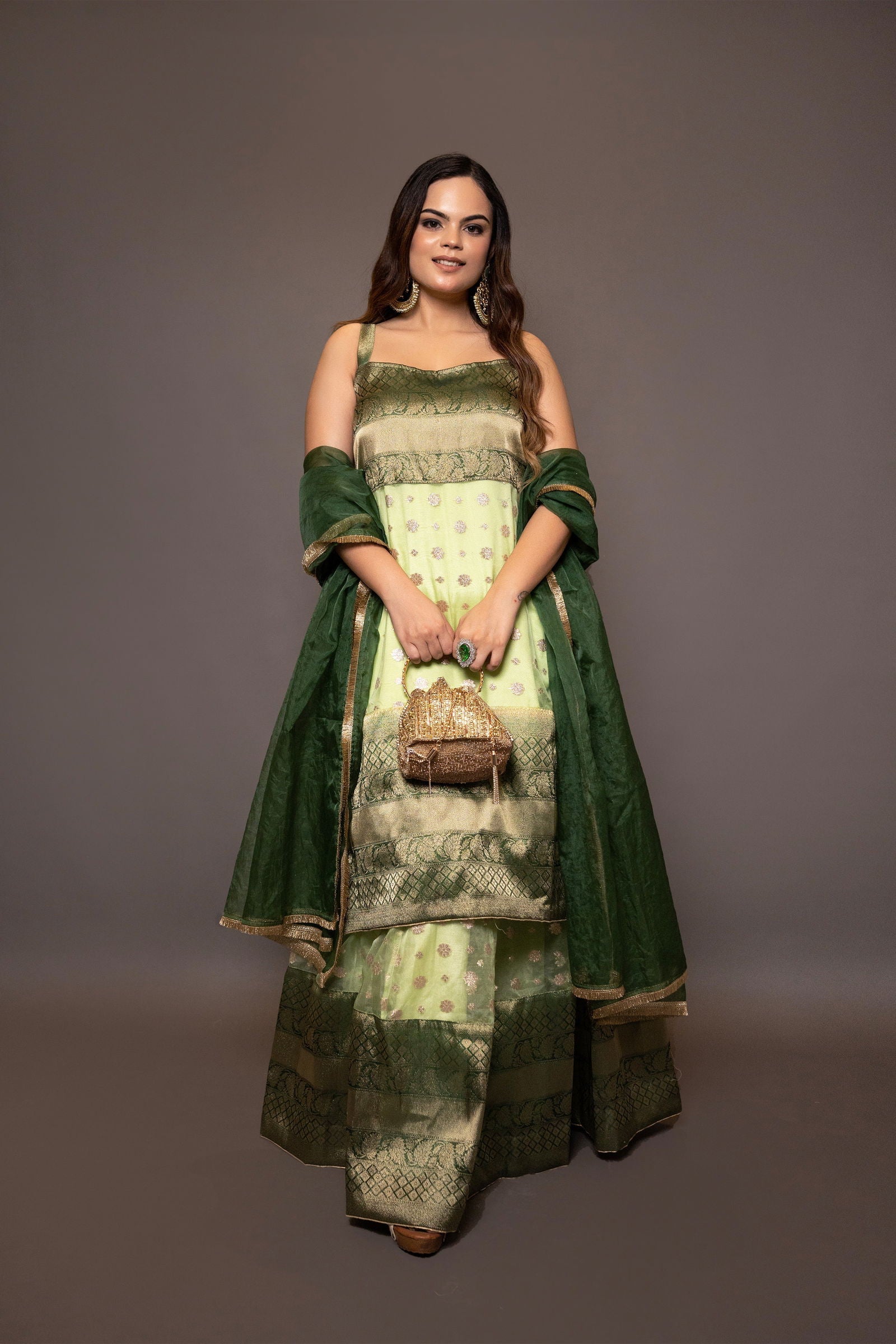 Parrot Green Buti Organza Suit with Kali Skirt and Matching Lace Dupatta - Mayrake