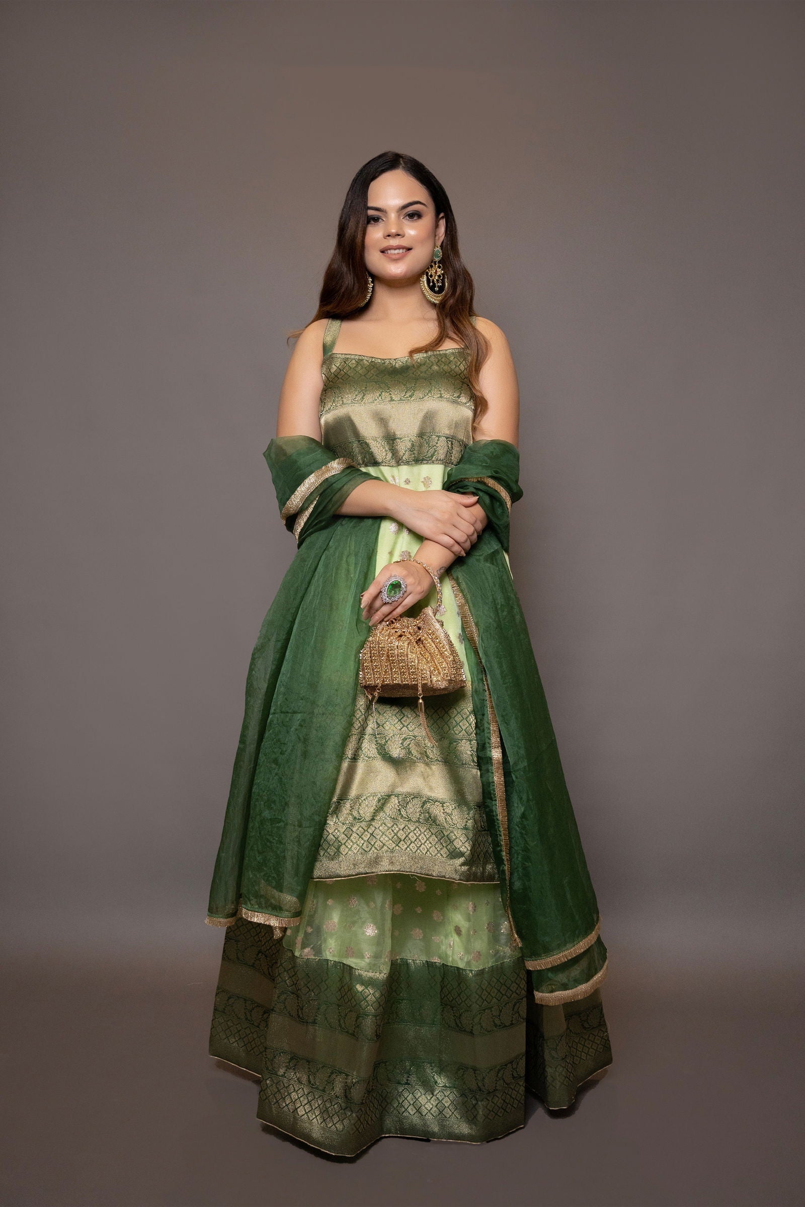 Parrot Green Buti Organza Suit with Kali Skirt and Matching Lace Dupatta - Mayrake