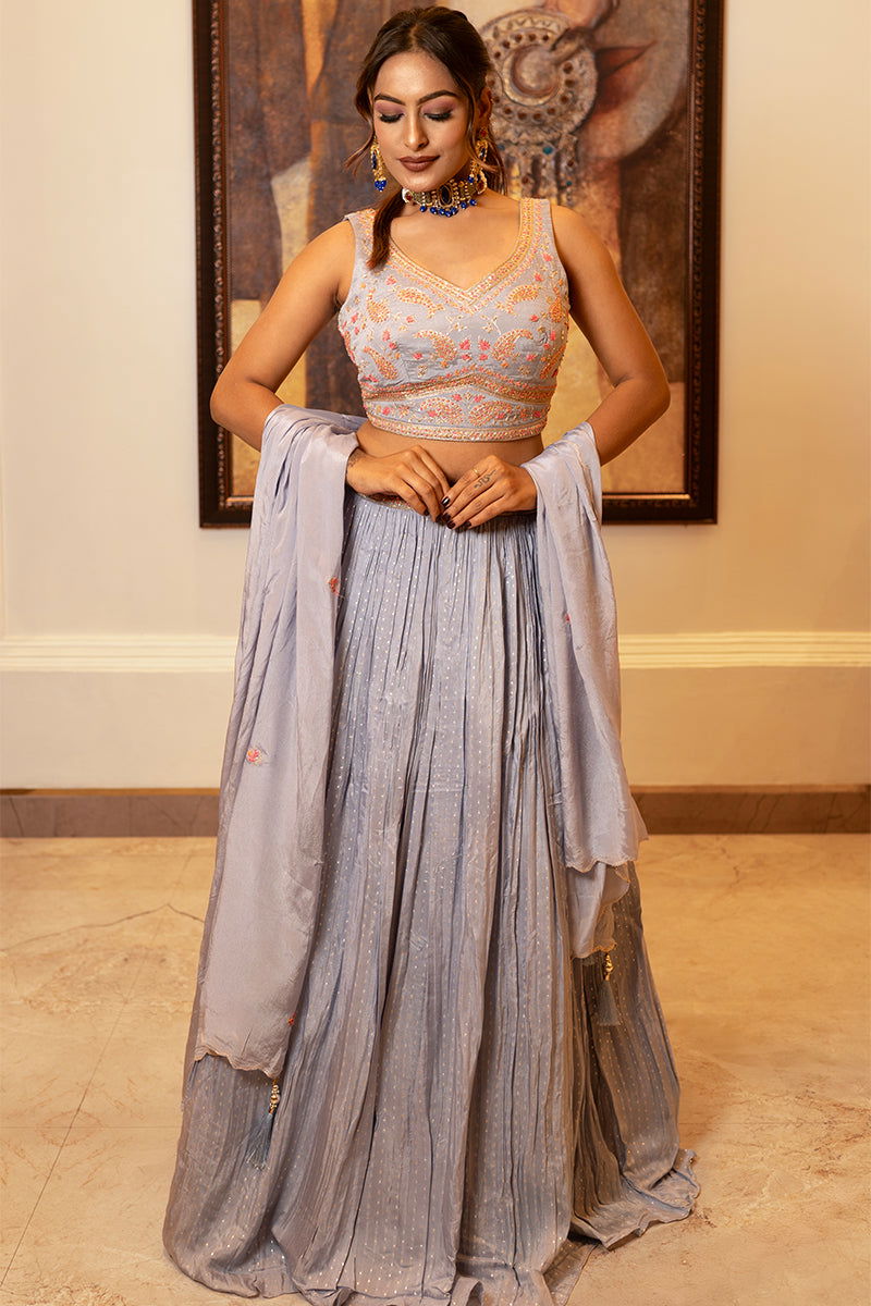 Pastel Blue Buti Skirt with Zari Work Crop Top and Embroidered Dupatta - Mayrake.in