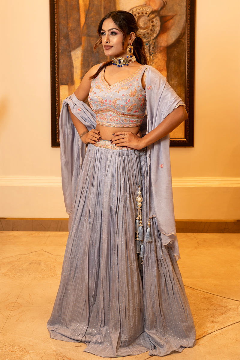 Pastel Blue Buti Skirt with Zari Work Crop Top and Embroidered Dupatta - Mayrake.in