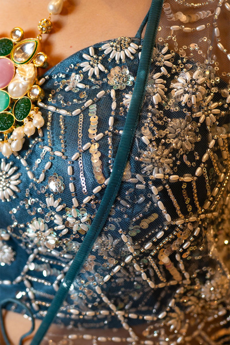 Pastel Gray Embroidered Crepe Chiffon Tank Top with Wide Pants and Long Jacket and Ready-to-Wear Saree - Mayrake.in