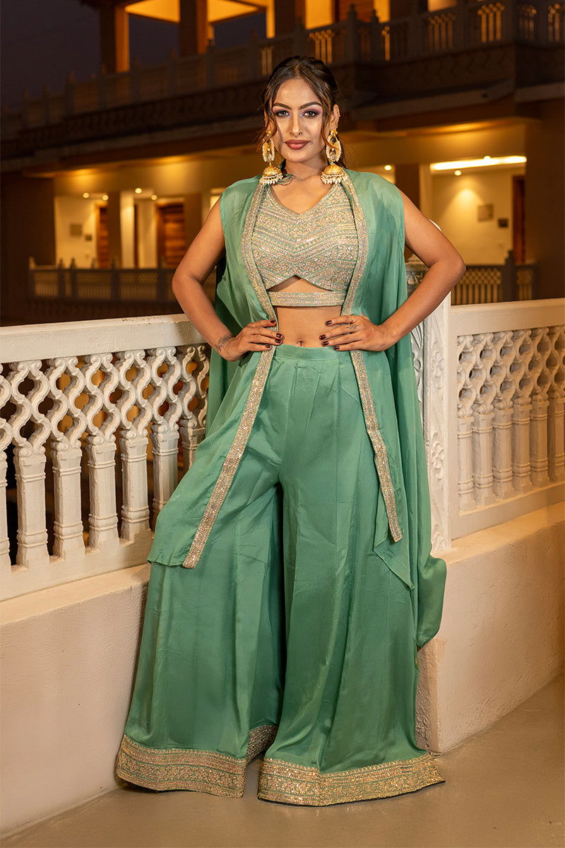 Pastel Green Embroidered Crepe Chiffon Tank Top with Solid Palazzo Pants and Full Shrug - Mayrake - 