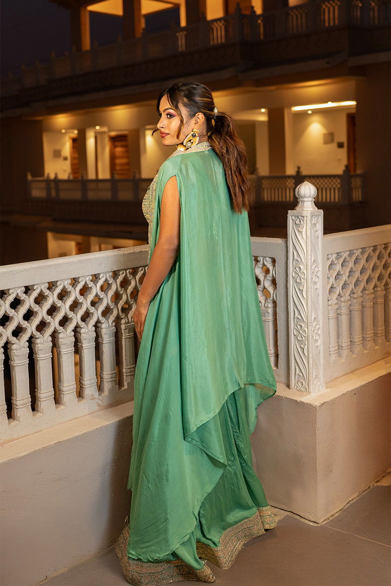 Pastel Green Embroidered Crepe Chiffon Tank Top with Solid Palazzo Pants and Full Shrug - Mayrake - 