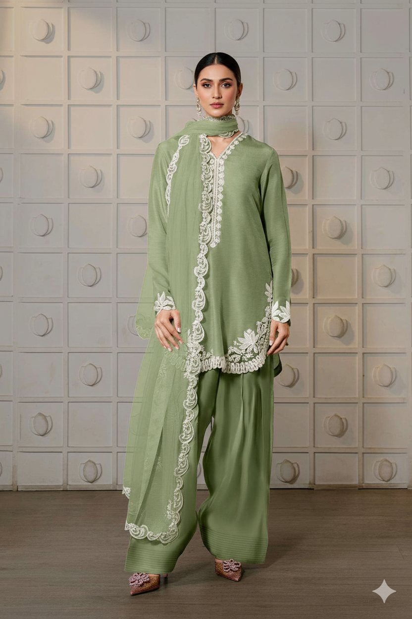Pastel Green Farsi Salwar Suit with White Thread Lace Work - Mayrake.in