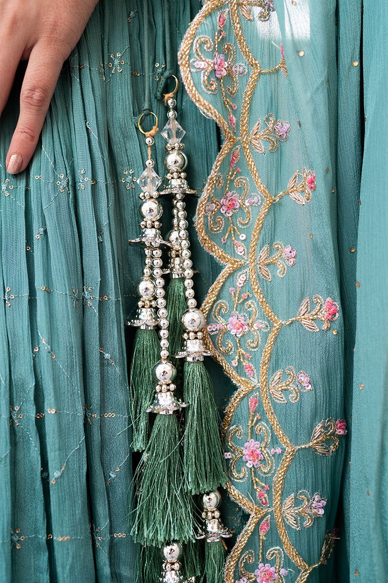 Pastel Green Sequin Buti Skirt with Zardosi Crop Top and Lace Dupatta - Mayrake.in