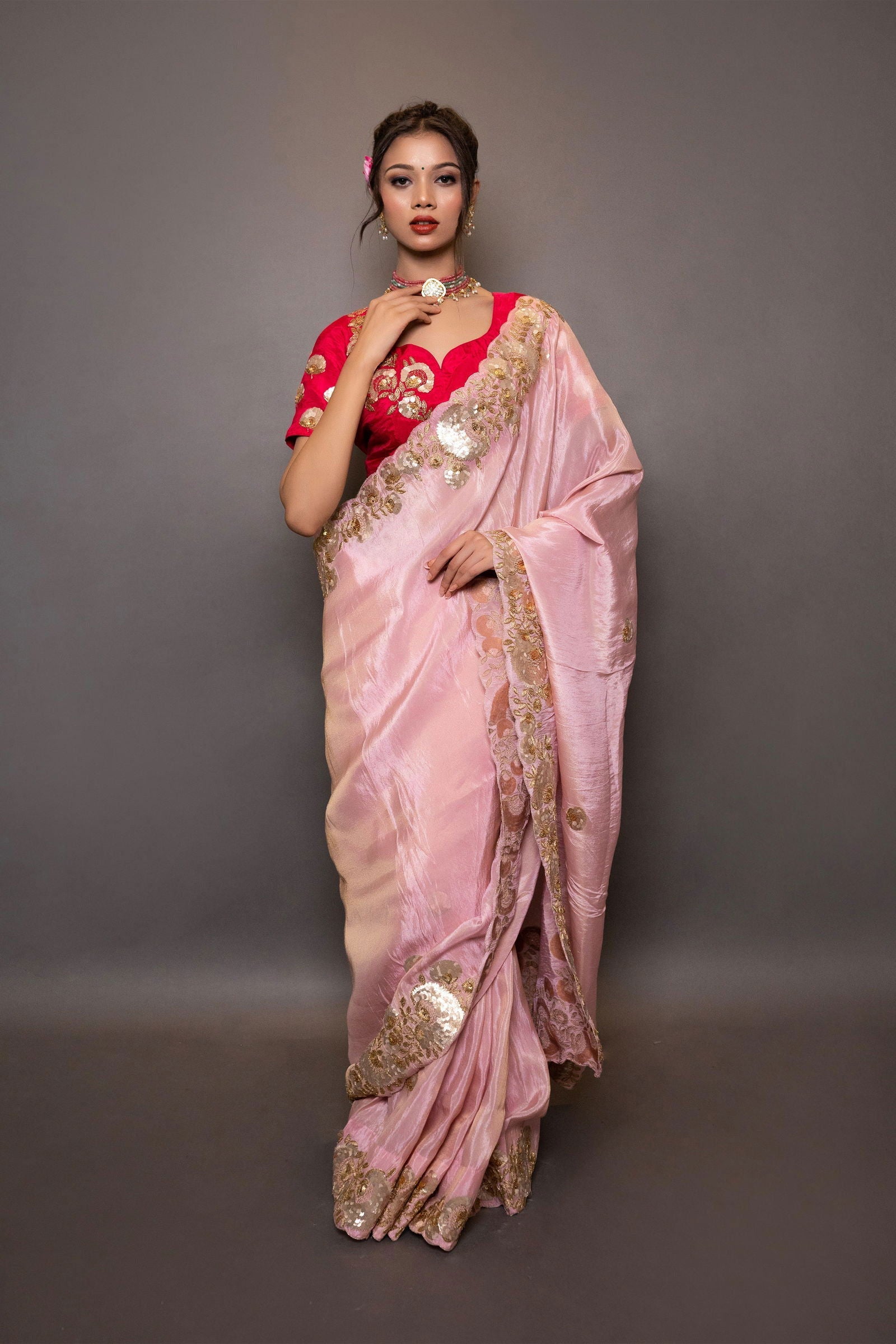 Pastel Pink Saree With Pitta Handwork with Stiched Blouse - Mayrake.in