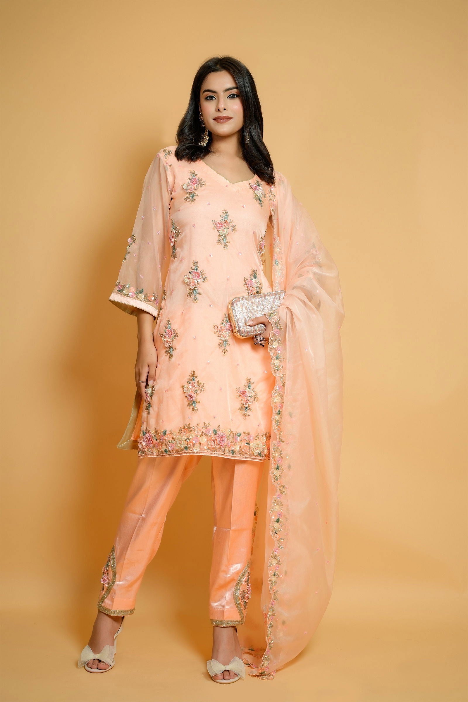 Peach Organza Hand-Embroidered Suit - Mayrake.in