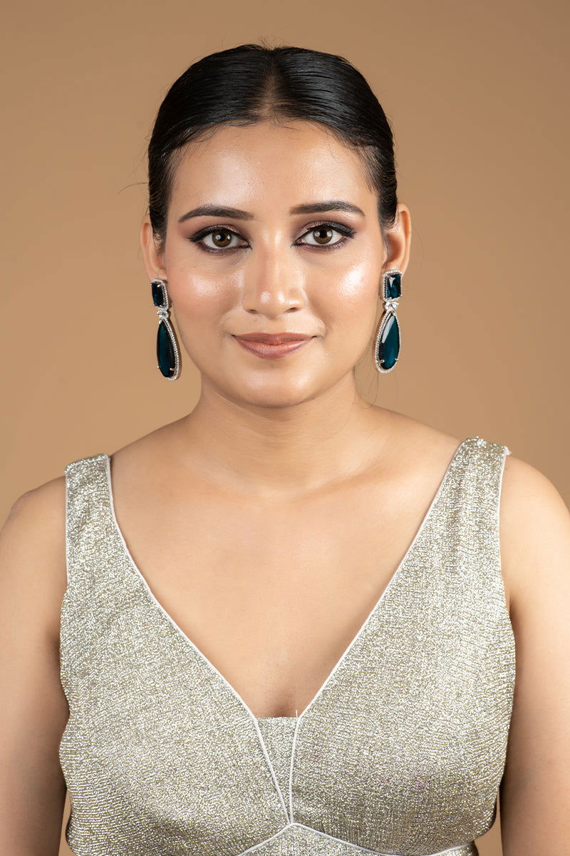 Peacock Blue AD Teardrop Earrings Adorned with Stones - Mayrake